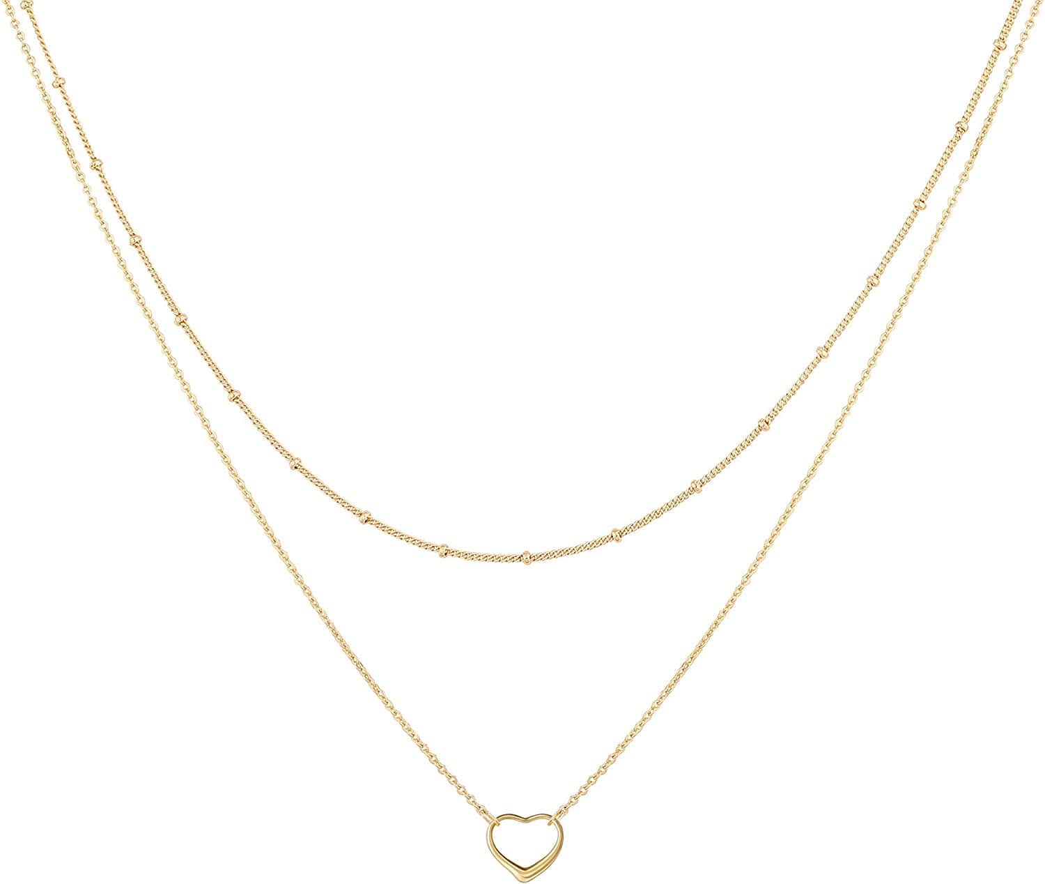 Layered Necklaces for Women - 14K Dainty Gold Plated Layering Chokers Necklaces Set Multilayer Delicate Necklace Trendy Adjustable Long Layered Necklaces for Women D 2 Piece Set - Bead Chain+Heart / Gold Plated