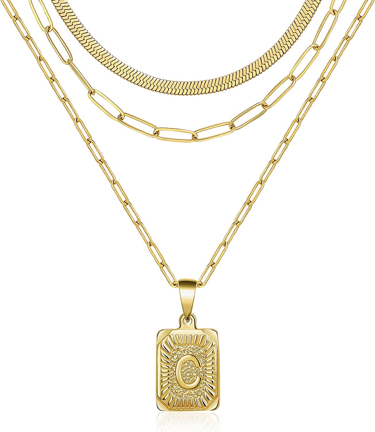 Layered Necklaces for Women Dainty Paperclip Snake Choker Chain Necklaces Letter Initial Pendant Chains Gold Layered Necklace for Women C