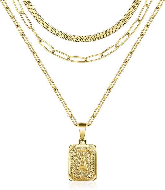 Layered Necklaces for Women Dainty Paperclip Snake Choker Chain Necklaces Letter Initial Pendant Chains Gold Layered Necklace for Women A