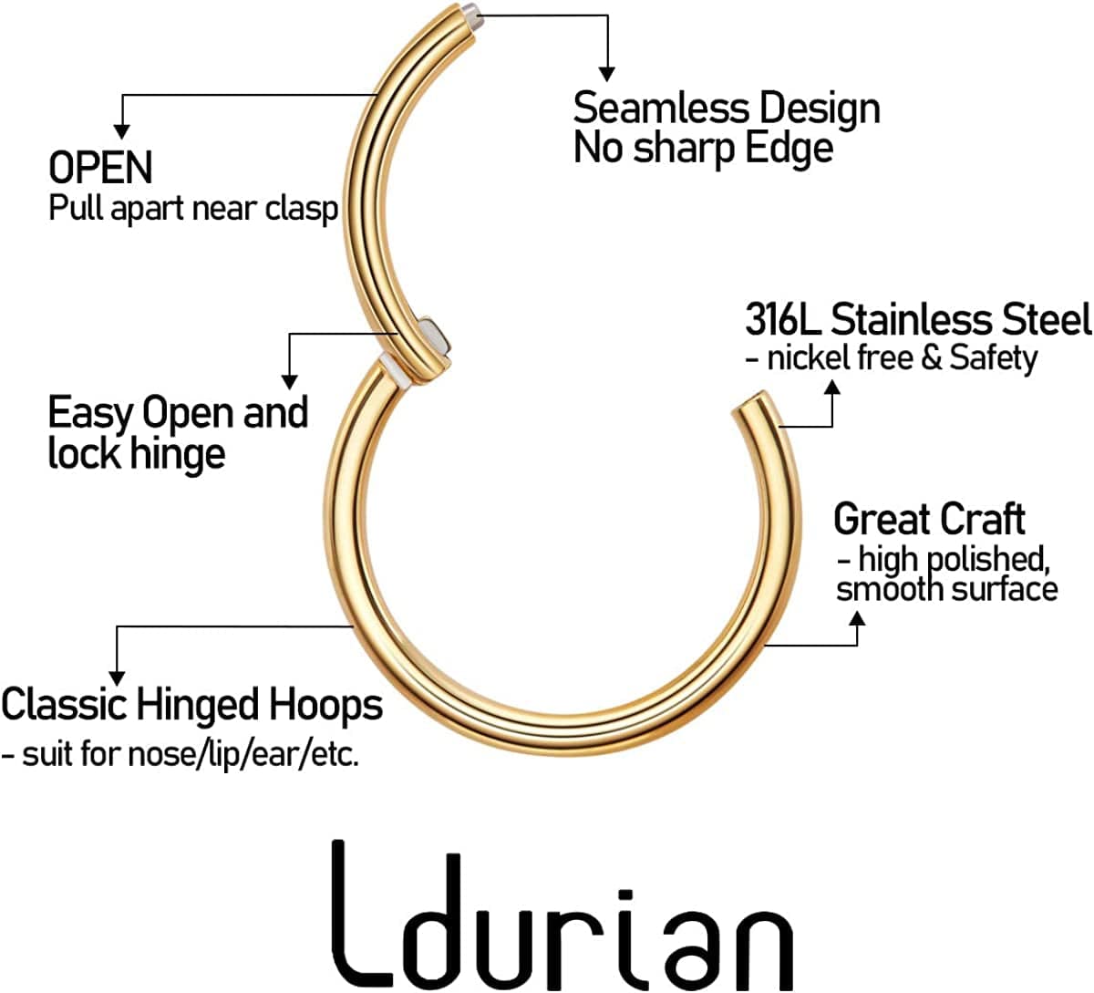 Ldurian Surgical Steel Nose Ring Hypoallergenic Nose Piercing Jewelry 20G 18G 16G 14G Diameter 5Mm to 16Mm Hinged Nose Rings Hoops for Women Gold Silver Rose Gold Black Color Apparel & Accessories > Jewelry > Rings KYLIE MAX