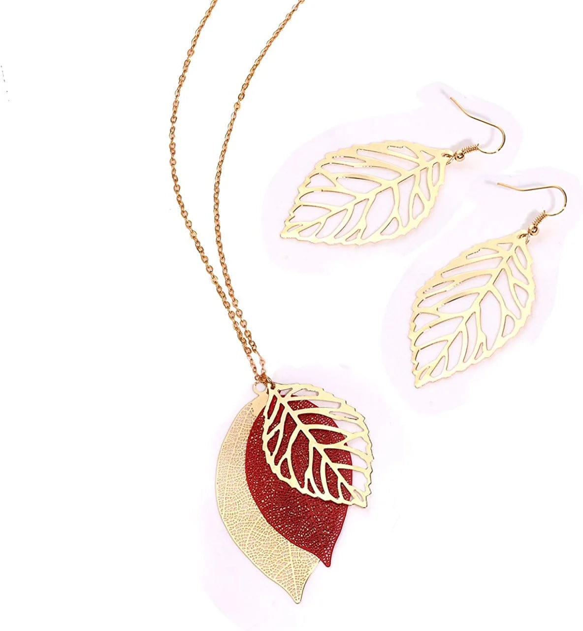 Leaf Earrings and Long Necklaces Set for Women Boho Gold-Tone Multi Tiered Leaves Delicate Chain Dangle Necklace Simpleleaf Statement Dangling Earrings D Gold & Red