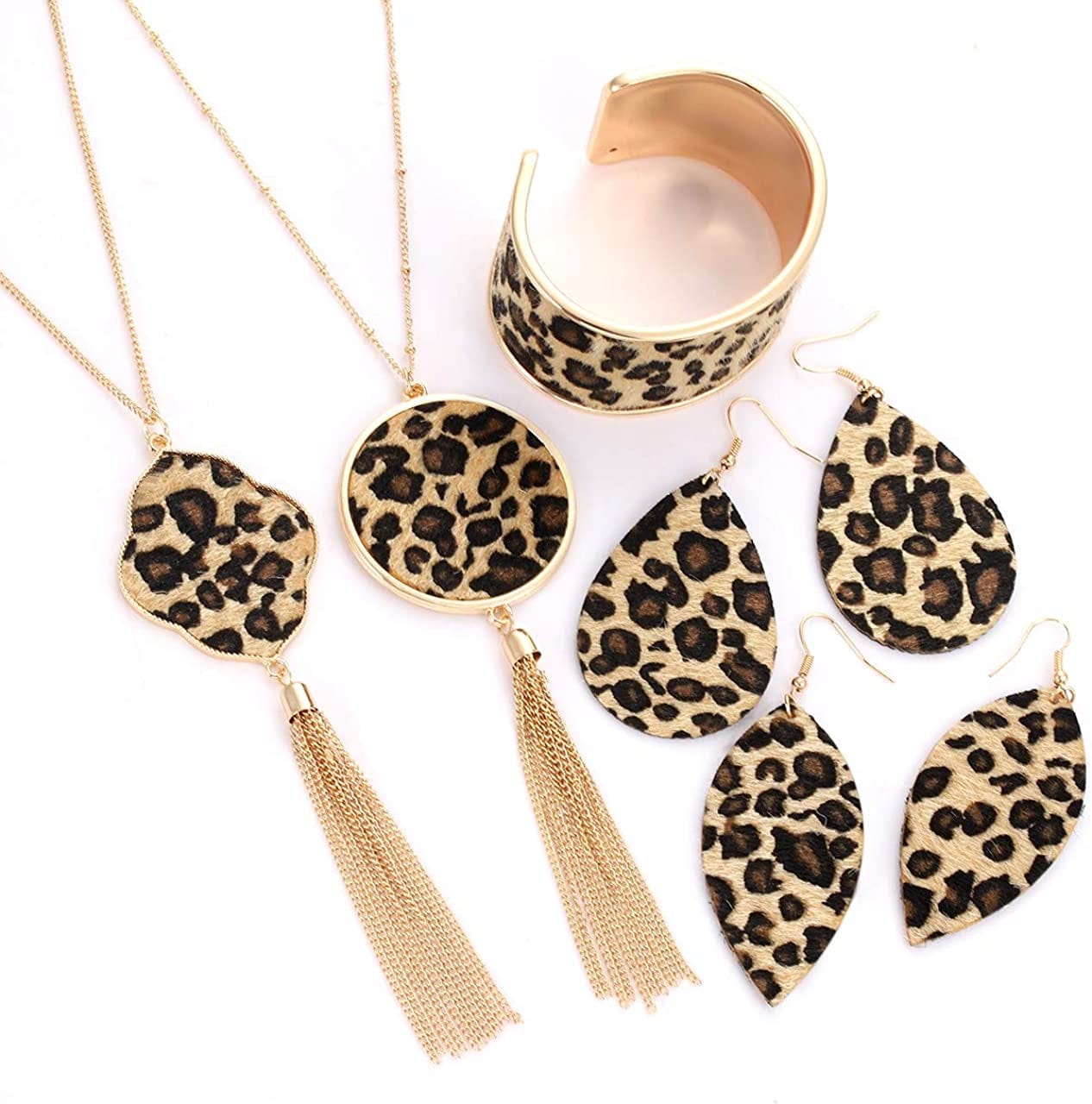 Leopard Jewelry for Women Statement Leopard Cuff Bracelet Teardrop Leaf Earrings Long Tassel Pendant Necklace Set
