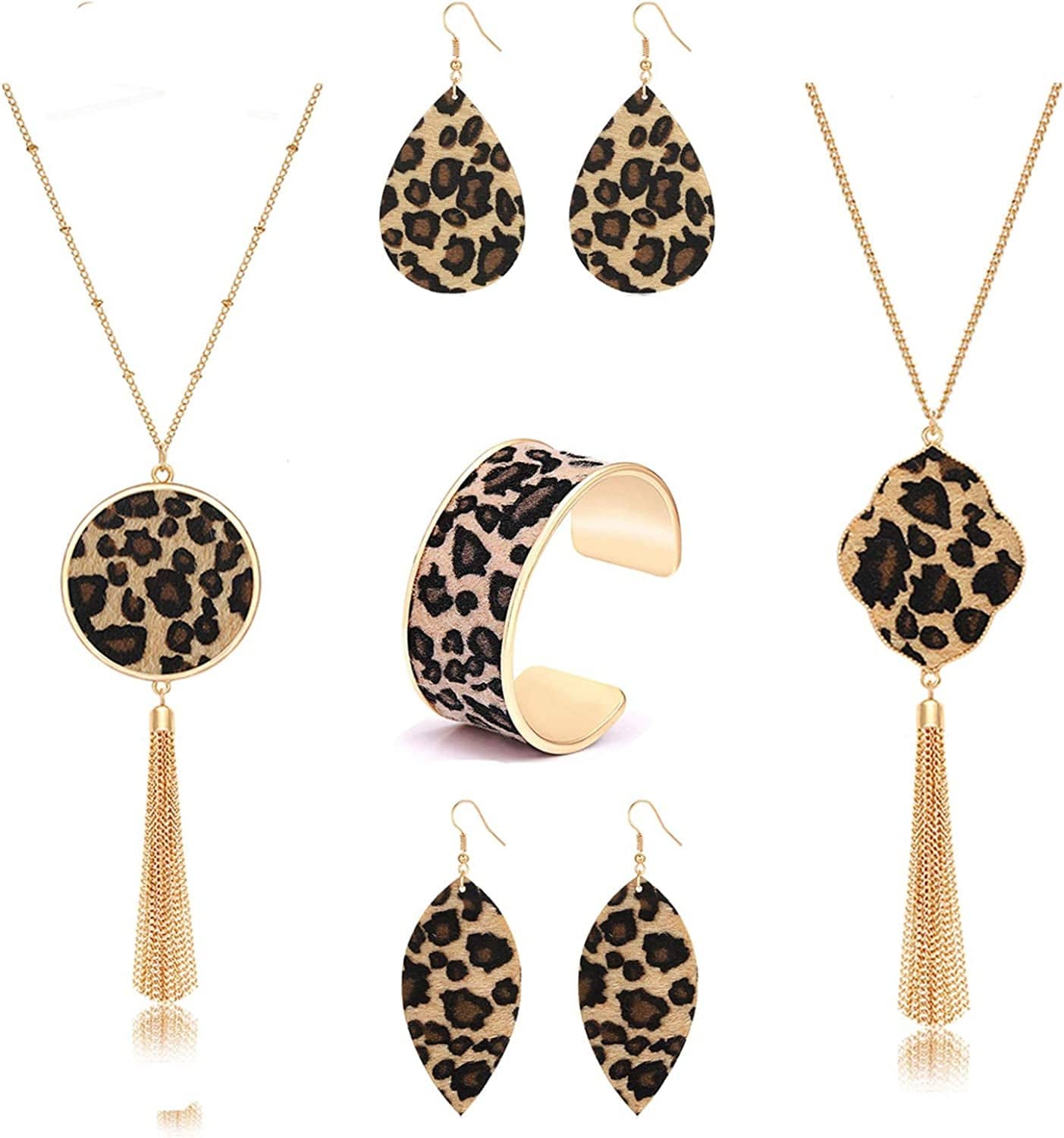 Leopard Jewelry for Women Statement Leopard Cuff Bracelet Teardrop Leaf Earrings Long Tassel Pendant Necklace Set