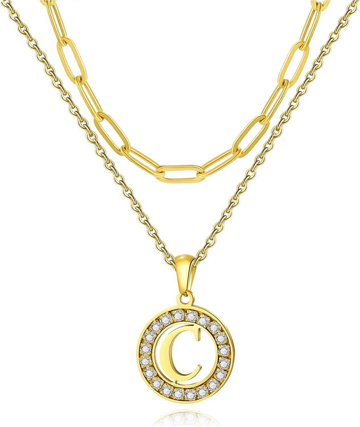 Letter Pendant Necklace Initial A-Z Layered Adjustable Choker Necklaces Personalized Paperclip Chain Necklace 18K Gold Plated Clavicle Chain for Women gold C