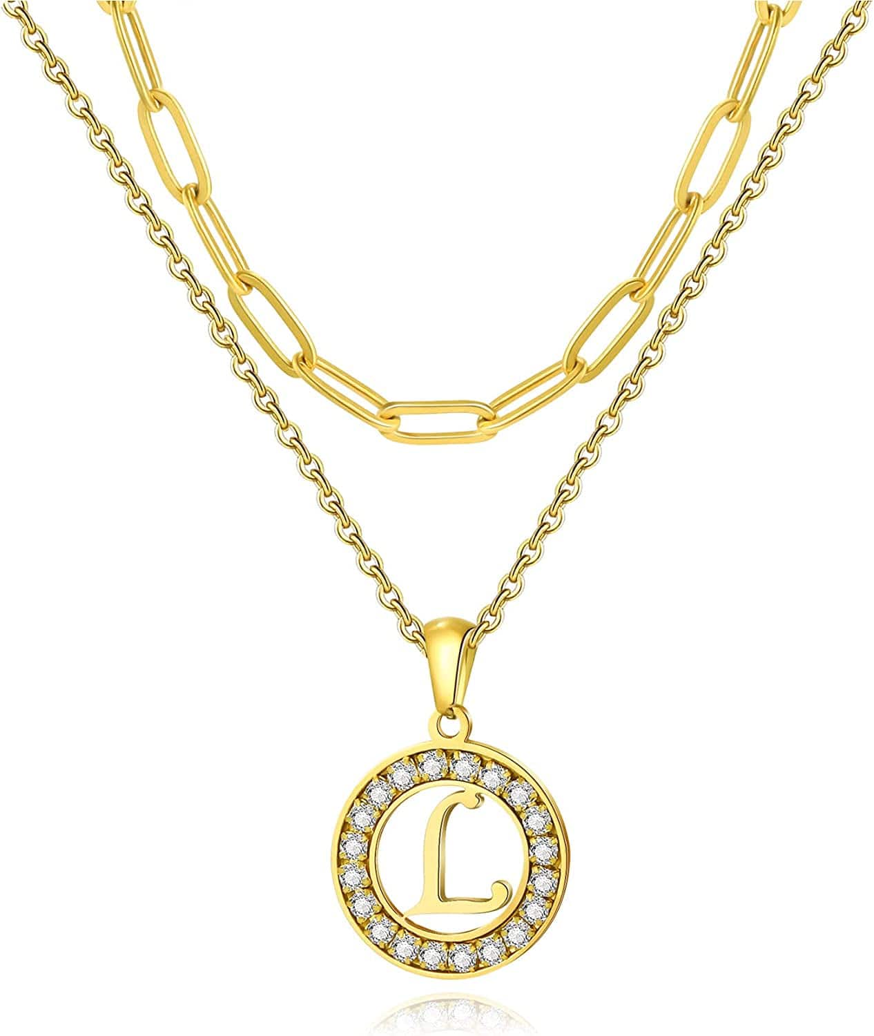 Letter Pendant Necklace Initial A-Z Layered Adjustable Choker Necklaces Personalized Paperclip Chain Necklace 18K Gold Plated Clavicle Chain for Women gold L