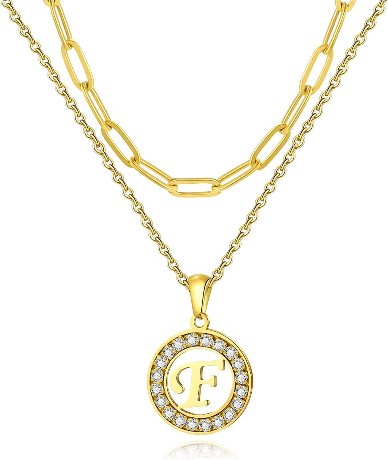 Letter Pendant Necklace Initial A-Z Layered Adjustable Choker Necklaces Personalized Paperclip Chain Necklace 18K Gold Plated Clavicle Chain for Women gold F