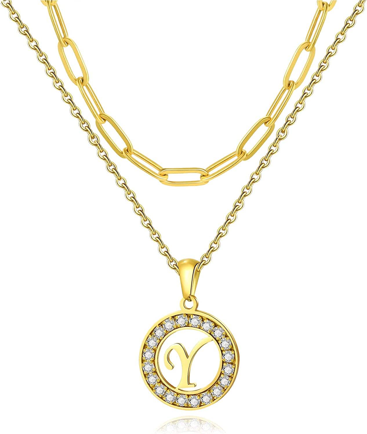 Letter Pendant Necklace Initial A-Z Layered Adjustable Choker Necklaces Personalized Paperclip Chain Necklace 18K Gold Plated Clavicle Chain for Women gold Y