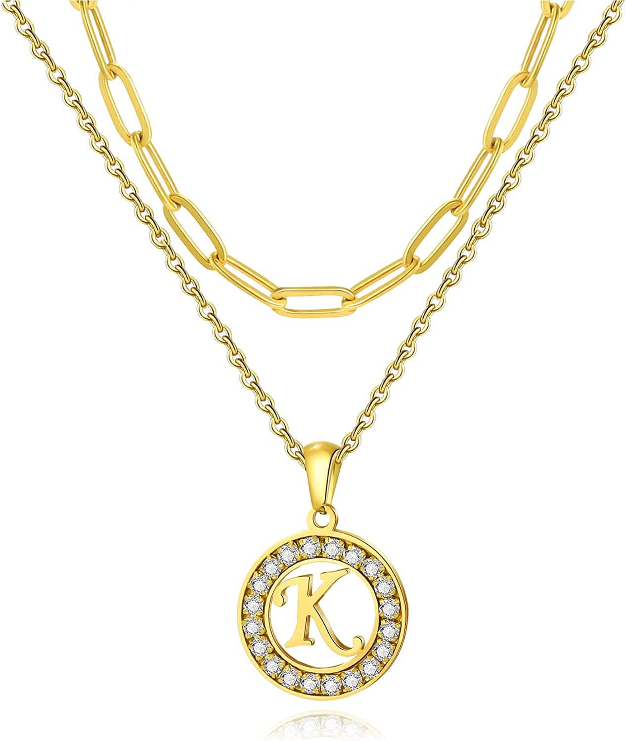 Letter Pendant Necklace Initial A-Z Layered Adjustable Choker Necklaces Personalized Paperclip Chain Necklace 18K Gold Plated Clavicle Chain for Women gold K