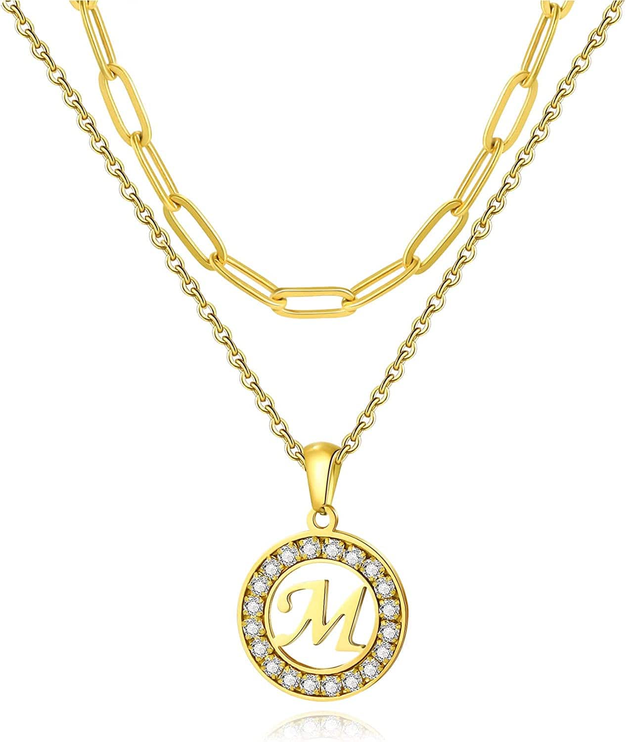 Letter Pendant Necklace Initial A-Z Layered Adjustable Choker Necklaces Personalized Paperclip Chain Necklace 18K Gold Plated Clavicle Chain for Women gold M