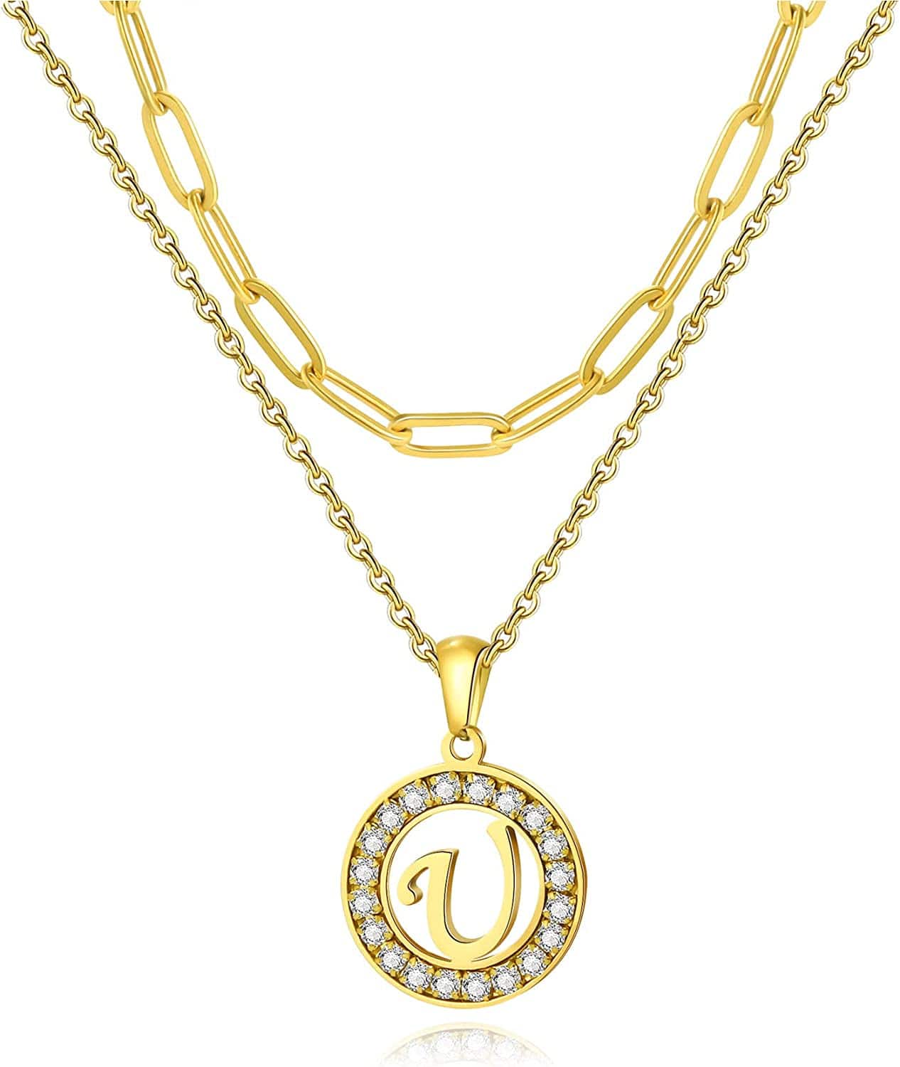 Letter Pendant Necklace Initial A-Z Layered Adjustable Choker Necklaces Personalized Paperclip Chain Necklace 18K Gold Plated Clavicle Chain for Women gold U