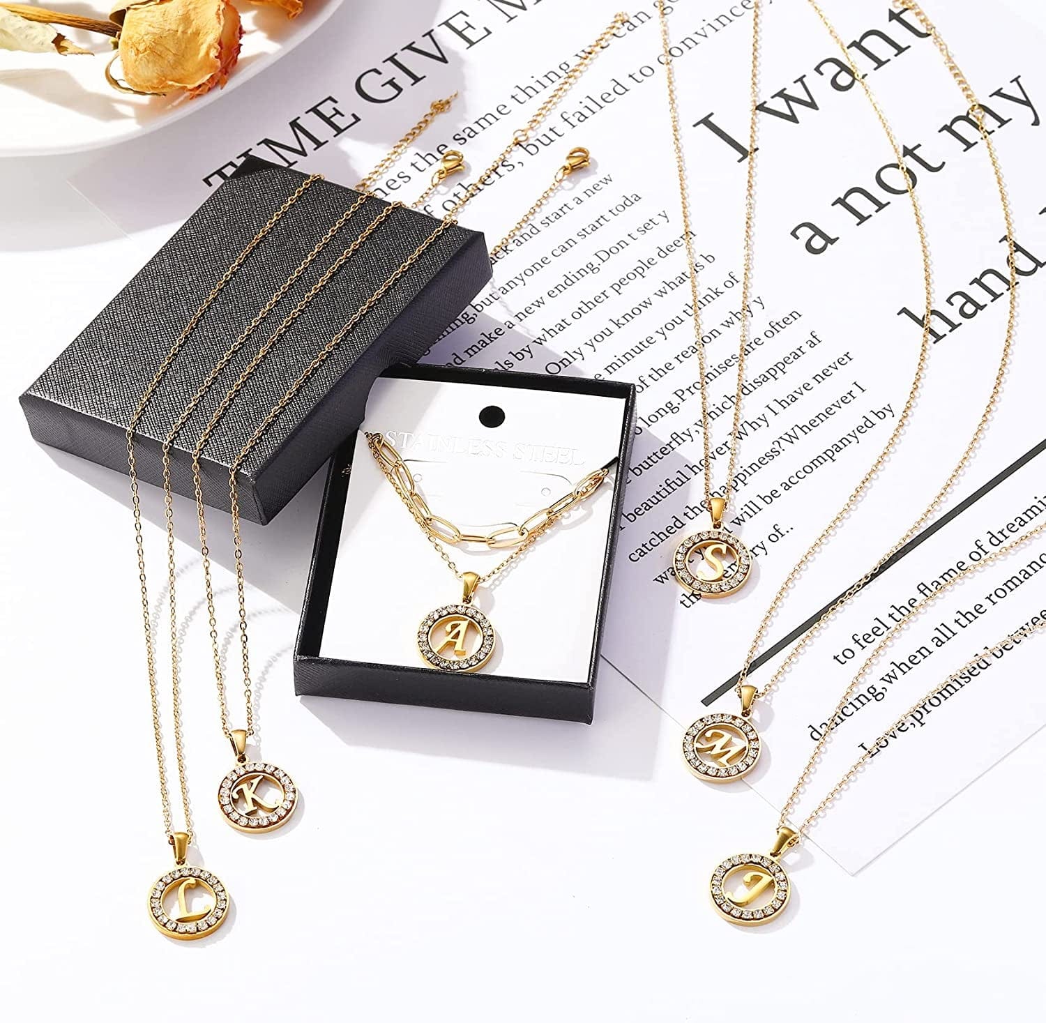 Letter Pendant Necklace Initial A-Z Layered Adjustable Choker Necklaces Personalized Paperclip Chain Necklace 18K Gold Plated Clavicle Chain for Women