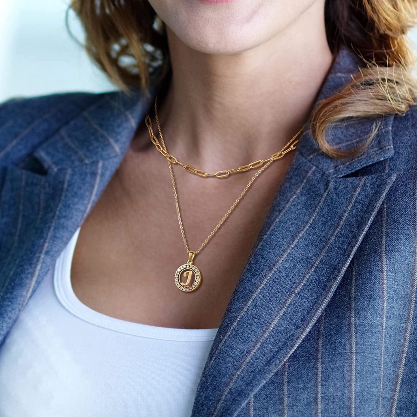 Letter Pendant Necklace Initial A-Z Layered Adjustable Choker Necklaces Personalized Paperclip Chain Necklace 18K Gold Plated Clavicle Chain for Women