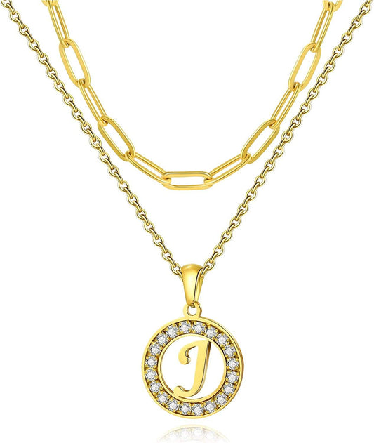 Letter Pendant Necklace Initial A-Z Layered Adjustable Choker Necklaces Personalized Paperclip Chain Necklace 18K Gold Plated Clavicle Chain for Women gold J