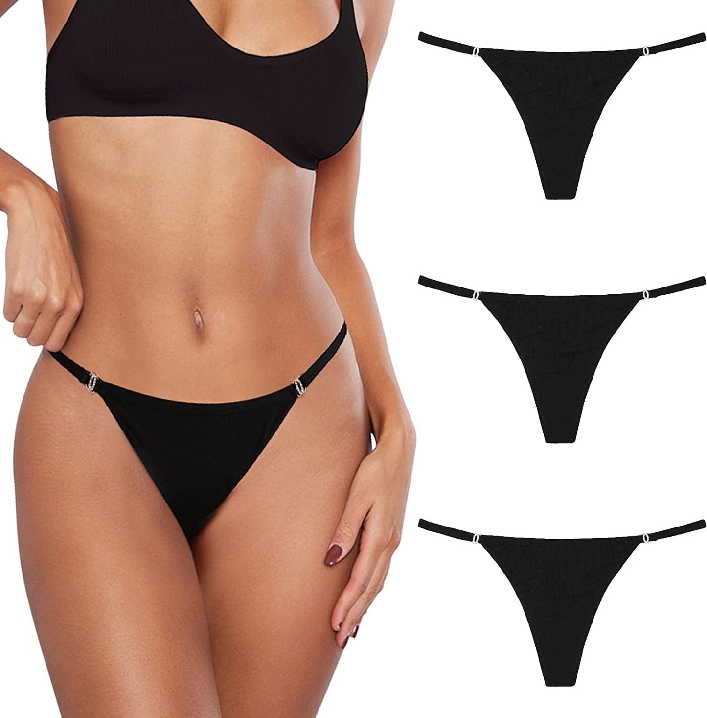 LEVAO Cotton Thongs for Women Sexy Underwear G-String Panties Rhinestone T-Back Bikini Multipack S-XL 3black / X-Large