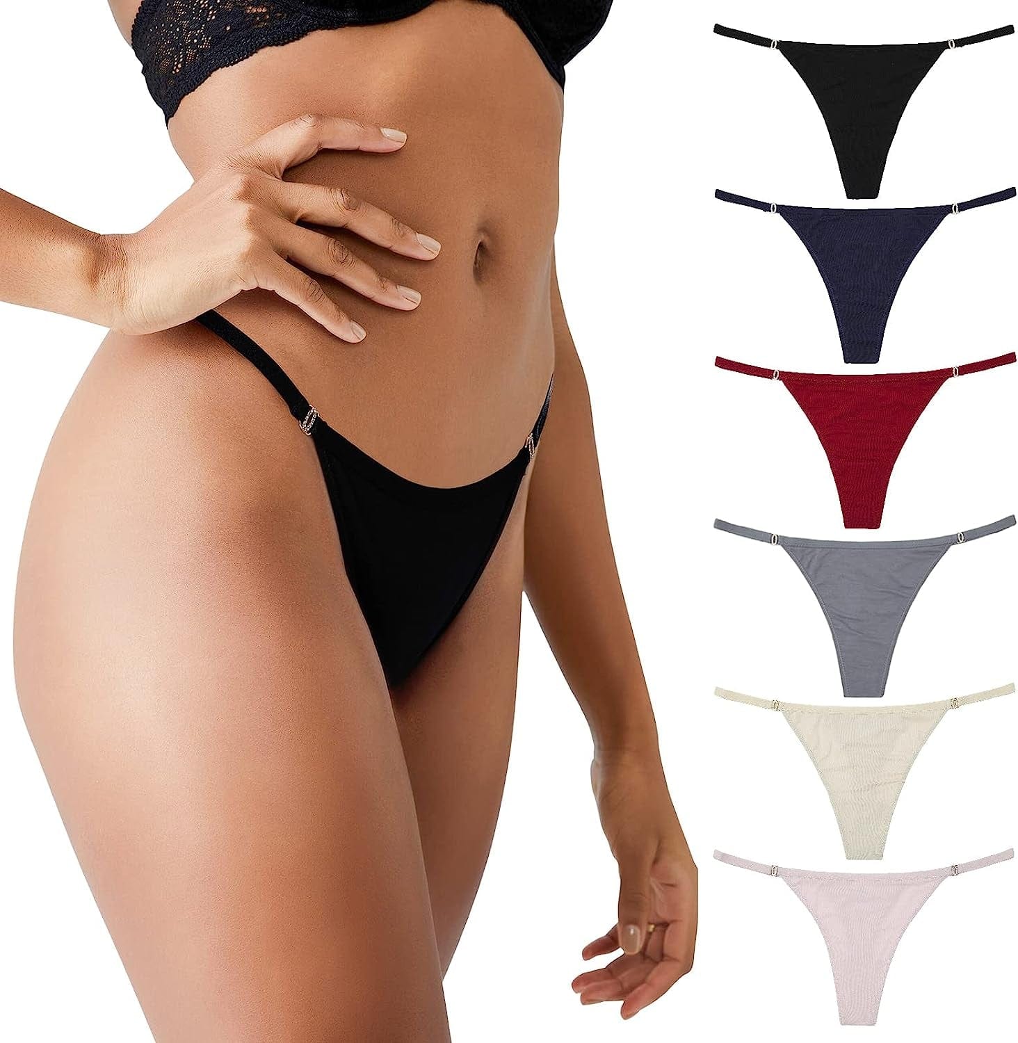 LEVAO Cotton Thongs for Women Sexy Underwear G-String Panties Rhinestone T-Back Bikini Multipack S-XL 6 Color Set / Large