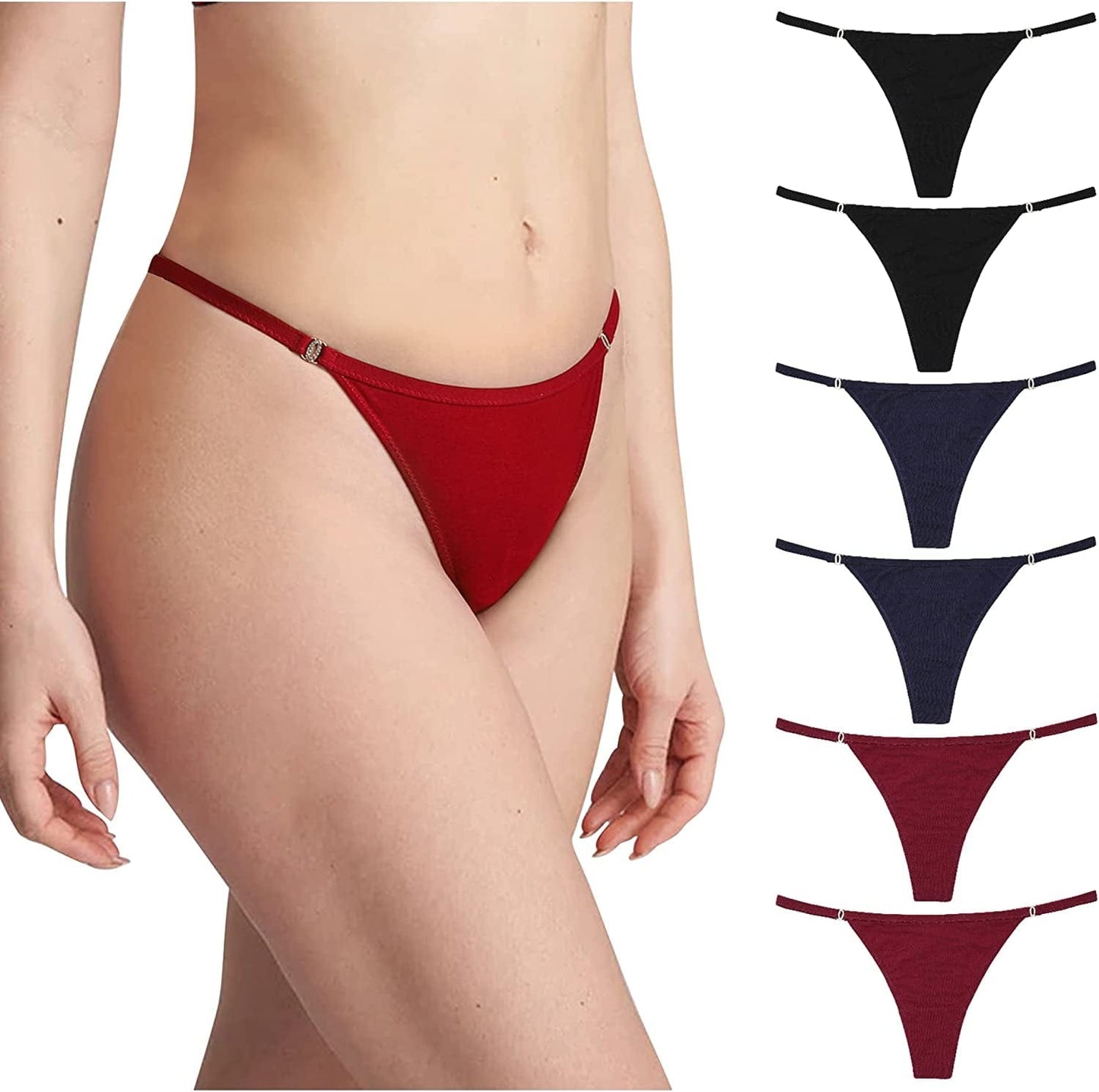 LEVAO Cotton Thongs for Women Sexy Underwear G-String Panties Rhinestone T-Back Bikini Multipack S-XL 2black/2red/2navy Blue / Large