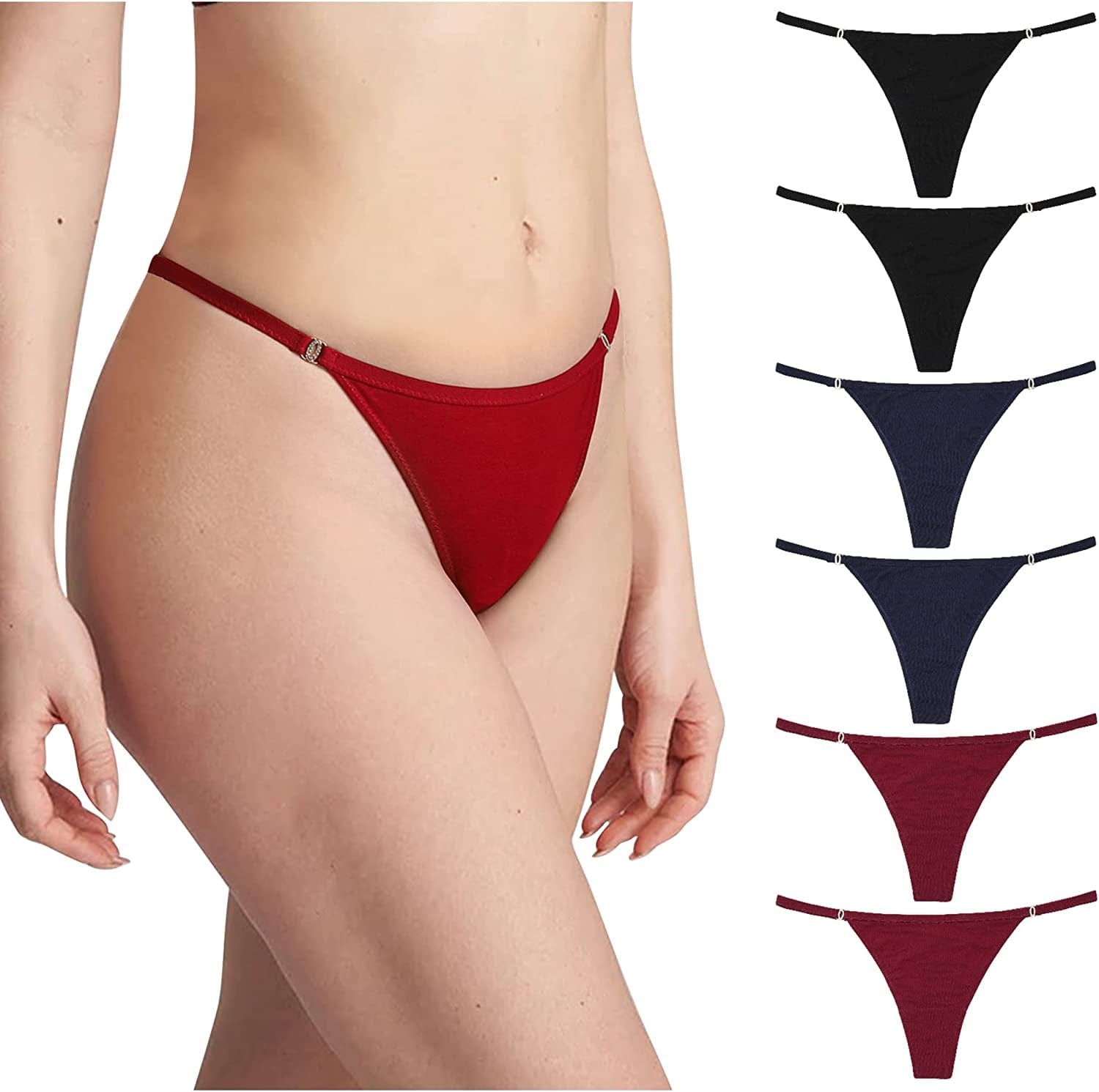 LEVAO Cotton Thongs for Women Sexy Underwear G-String Panties Rhinestone T-Back Bikini Multipack S-XL 2black/2red/2navy Blue / Large