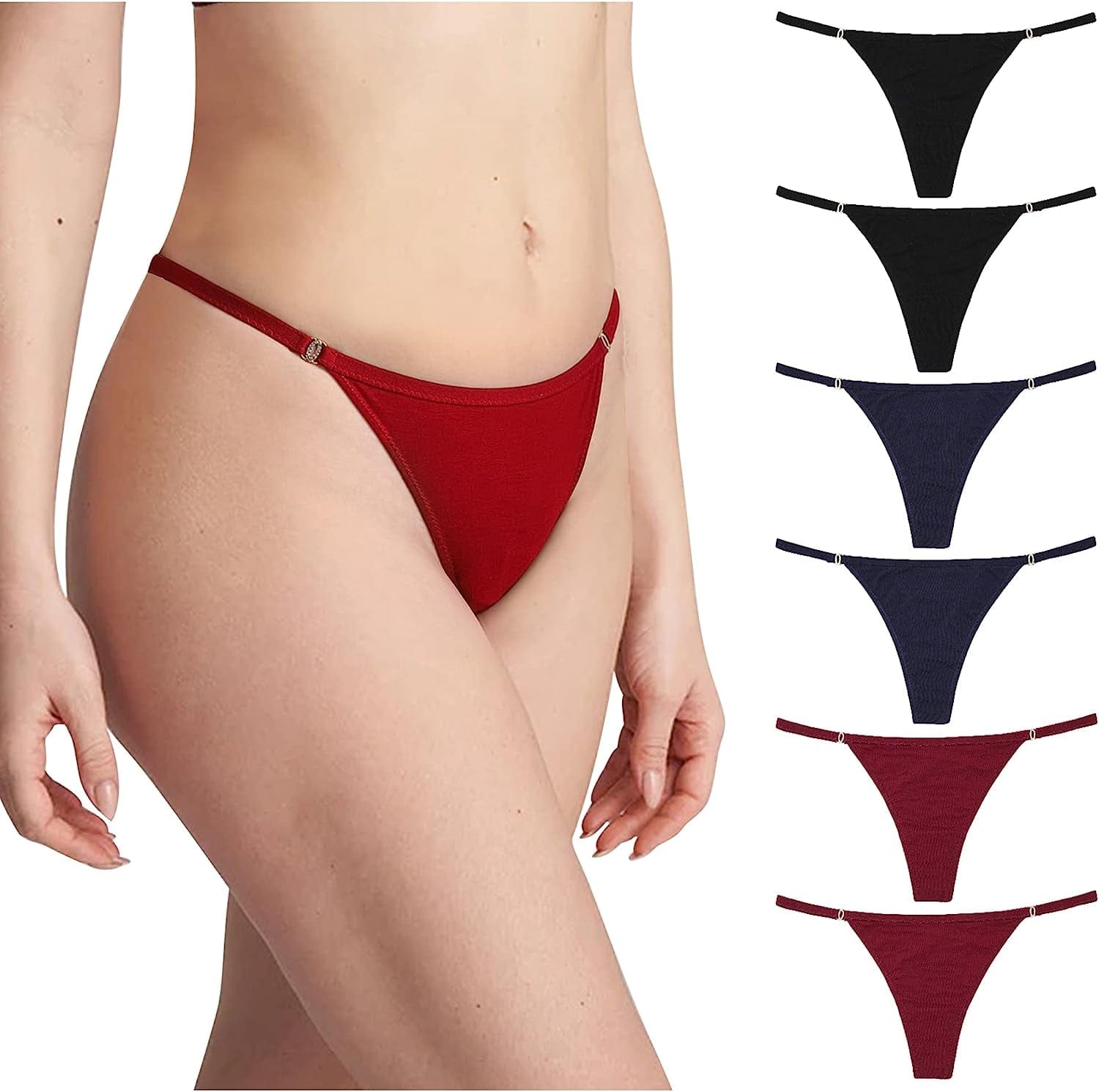 LEVAO Cotton Thongs for Women Sexy Underwear G-String Panties Rhinestone T-Back Bikini Multipack S-XL 2black/2red/2navy Blue / Small