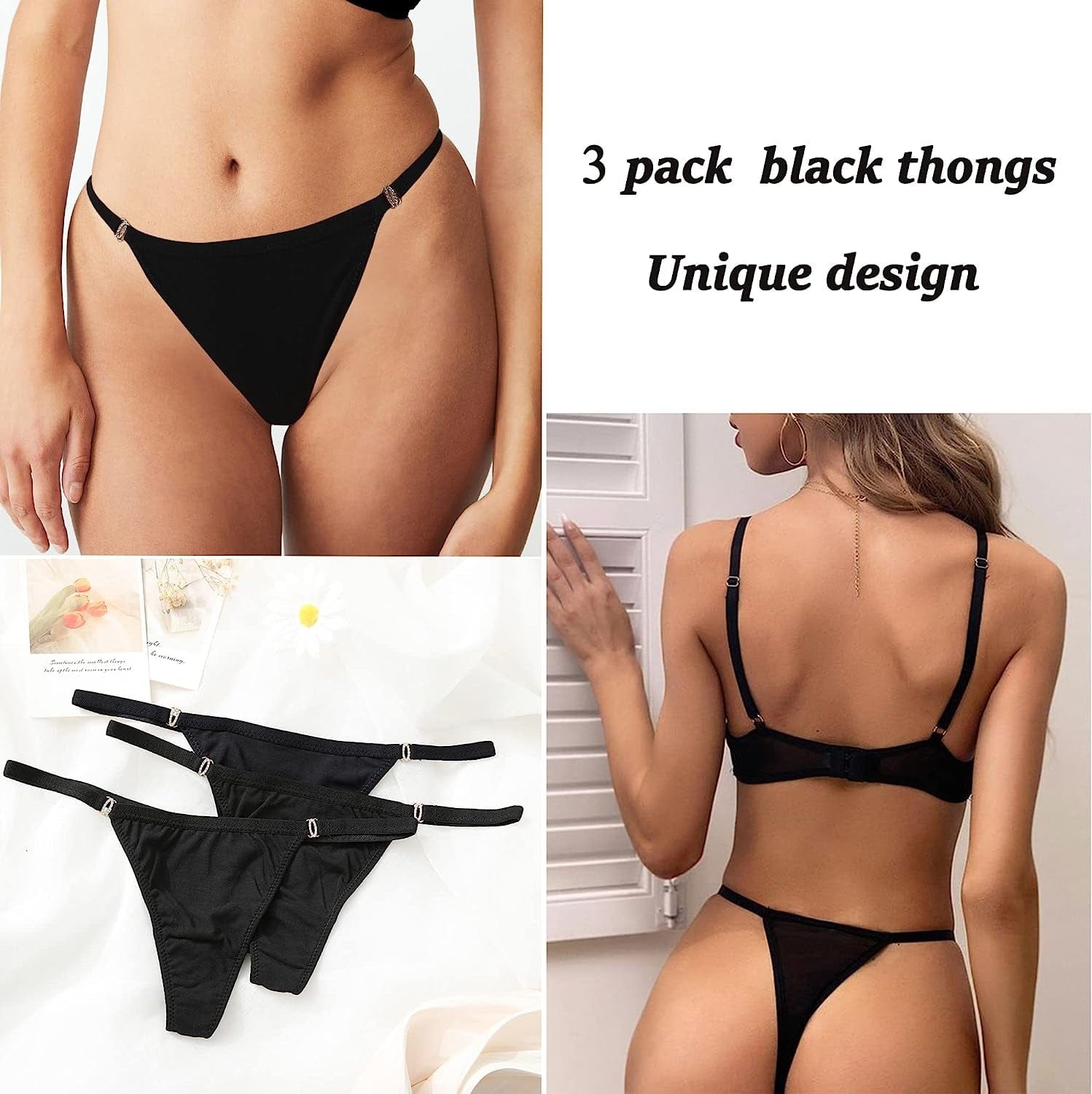 LEVAO Cotton Thongs for Women Sexy Underwear G-String Panties Rhinestone T-Back Bikini Multipack S-XL