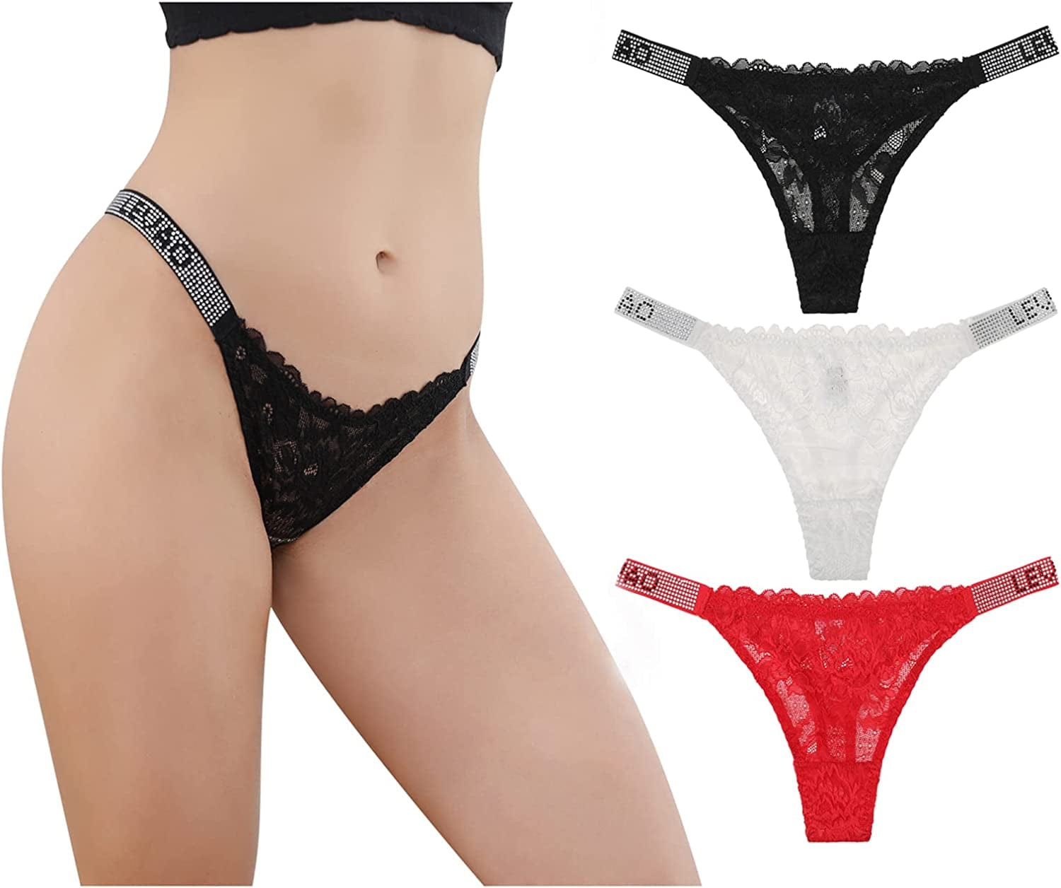 LEVAO Sexy Panties, Thongs for Women Letter Rhinestones G-String Low-Rise Tanga Stretch Underwear Multipack (3-6 Pack,S-Xl) 3-pack Mixed / Large
