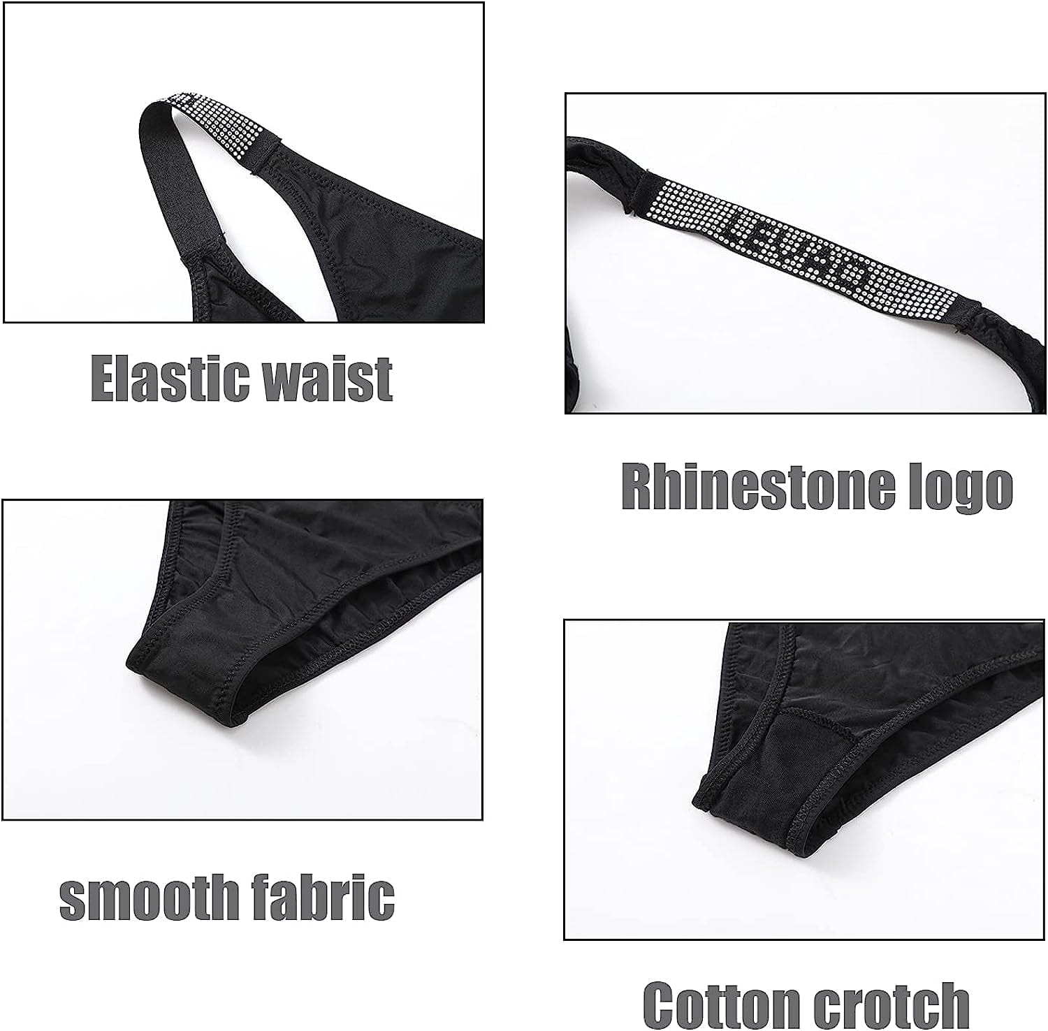 LEVAO Sexy Panties, Thongs for Women Letter Rhinestones G-String Low-Rise Tanga Stretch Underwear Multipack (3-6 Pack,S-Xl)