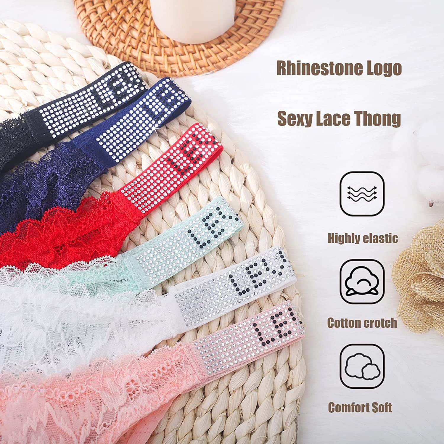 LEVAO Sexy Thong for Women Floral Lace G-String Low Waist T-Back Seamless Cheeky Bikini See through Panties 3 Pack