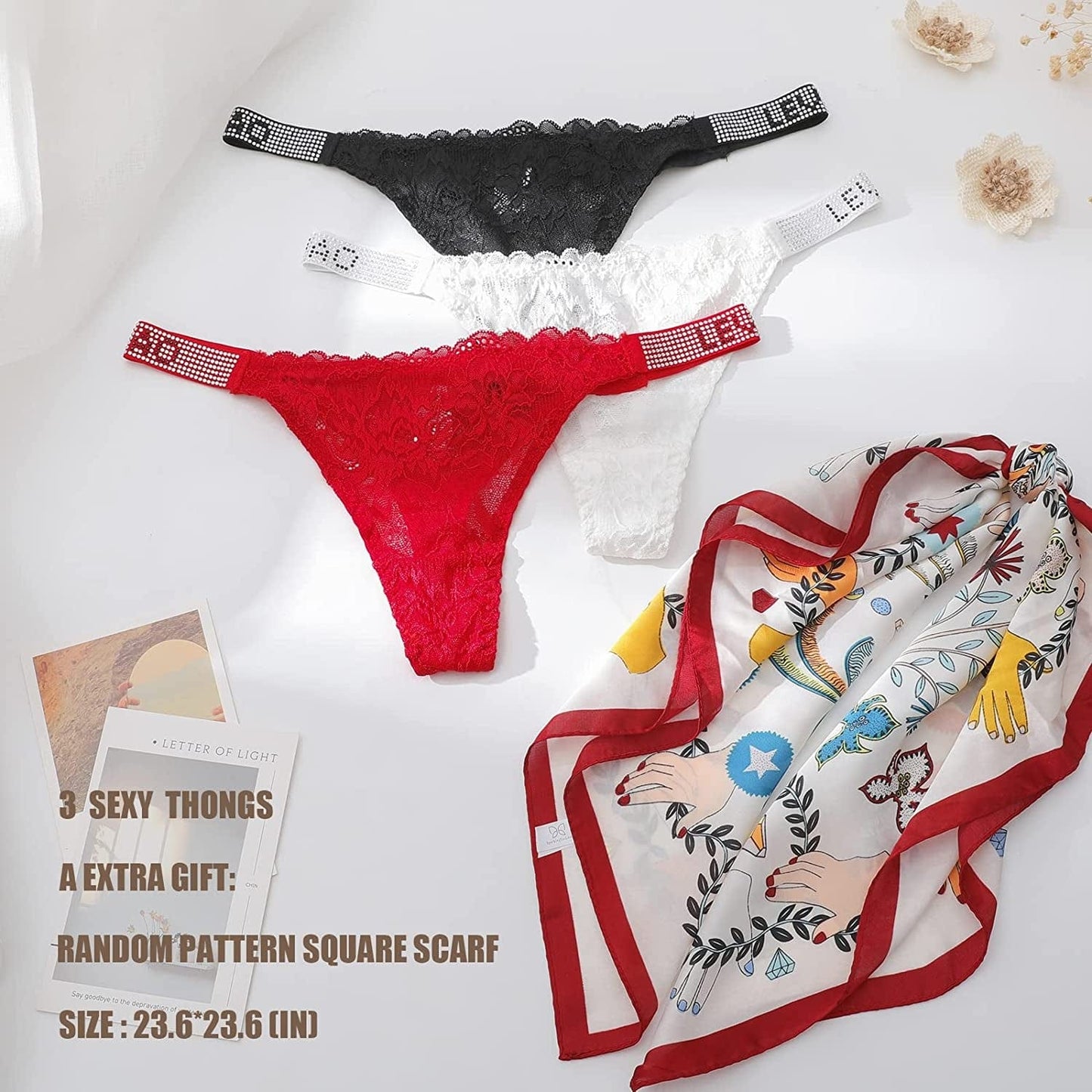 LEVAO Sexy Thong for Women Floral Lace G-String Low Waist T-Back Seamless Cheeky Bikini See through Panties 3 Pack