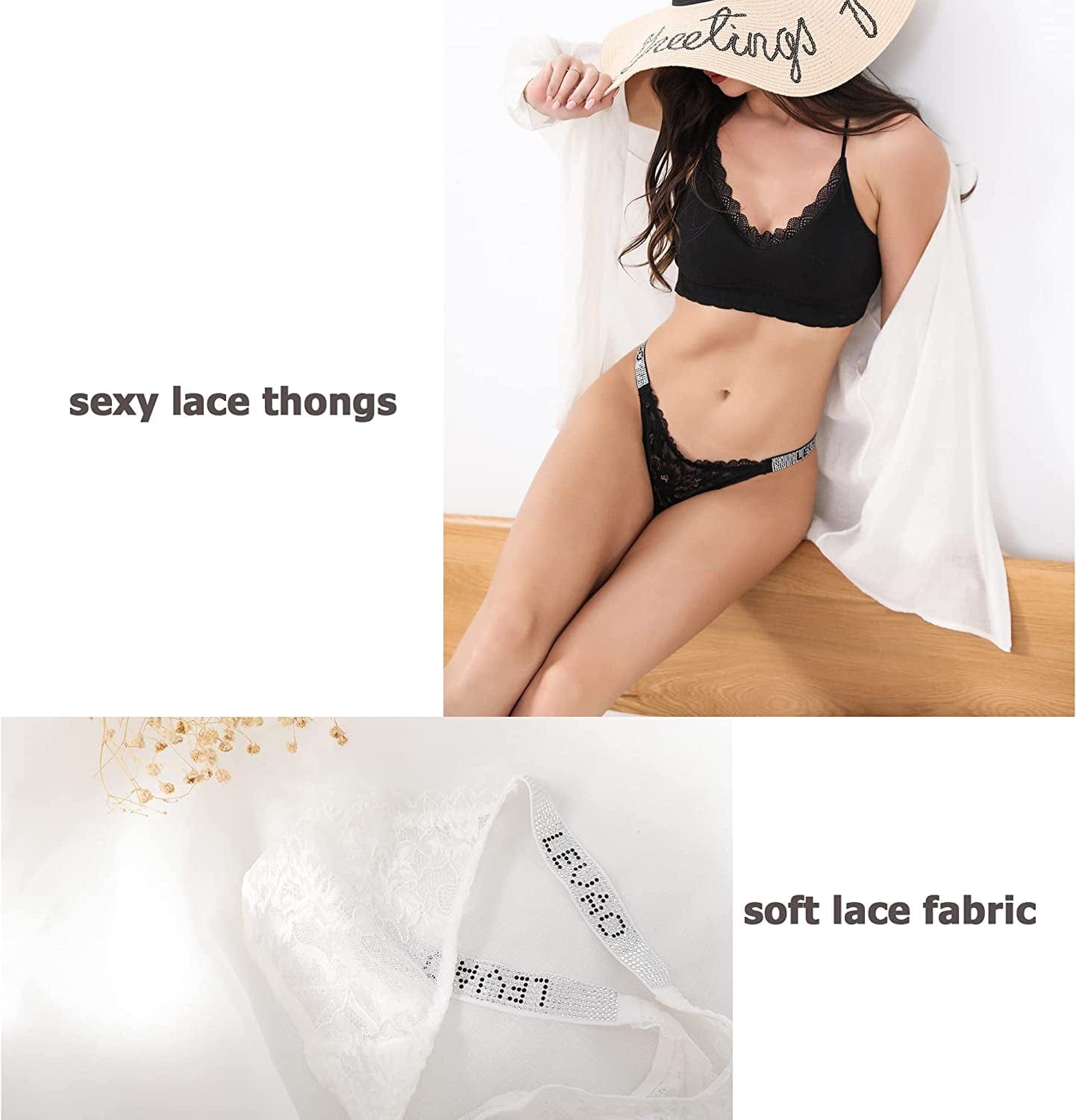 LEVAO Sexy Thong for Women Floral Lace G-String Low Waist T-Back Seamless Cheeky Bikini See through Panties 3 Pack