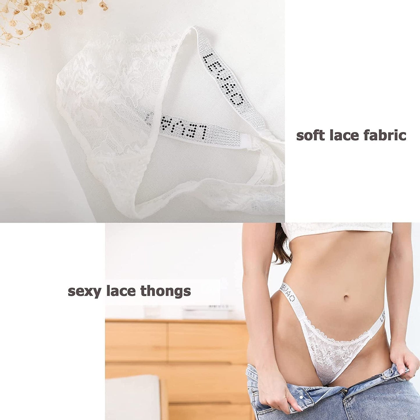 LEVAO Sexy Thong for Women Floral Lace G-String Low Waist T-Back Seamless Cheeky Bikini See through Panties 3 Pack