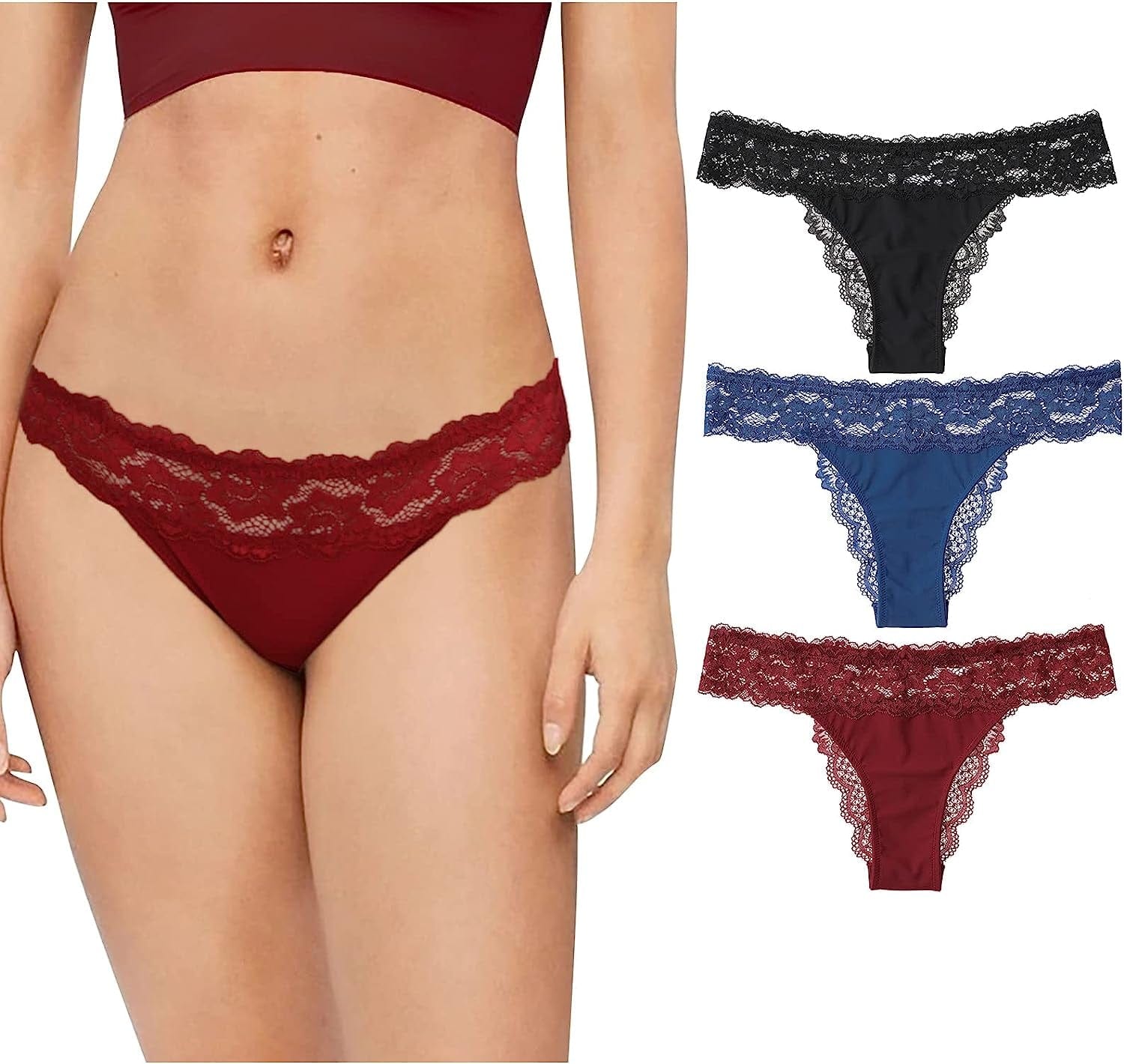 LEVAO Thongs for Women Lace Underwear Tangas Sexy Low Waist Panties Pack of 6 3 Pack-b(black/Blue/Red) / Small
