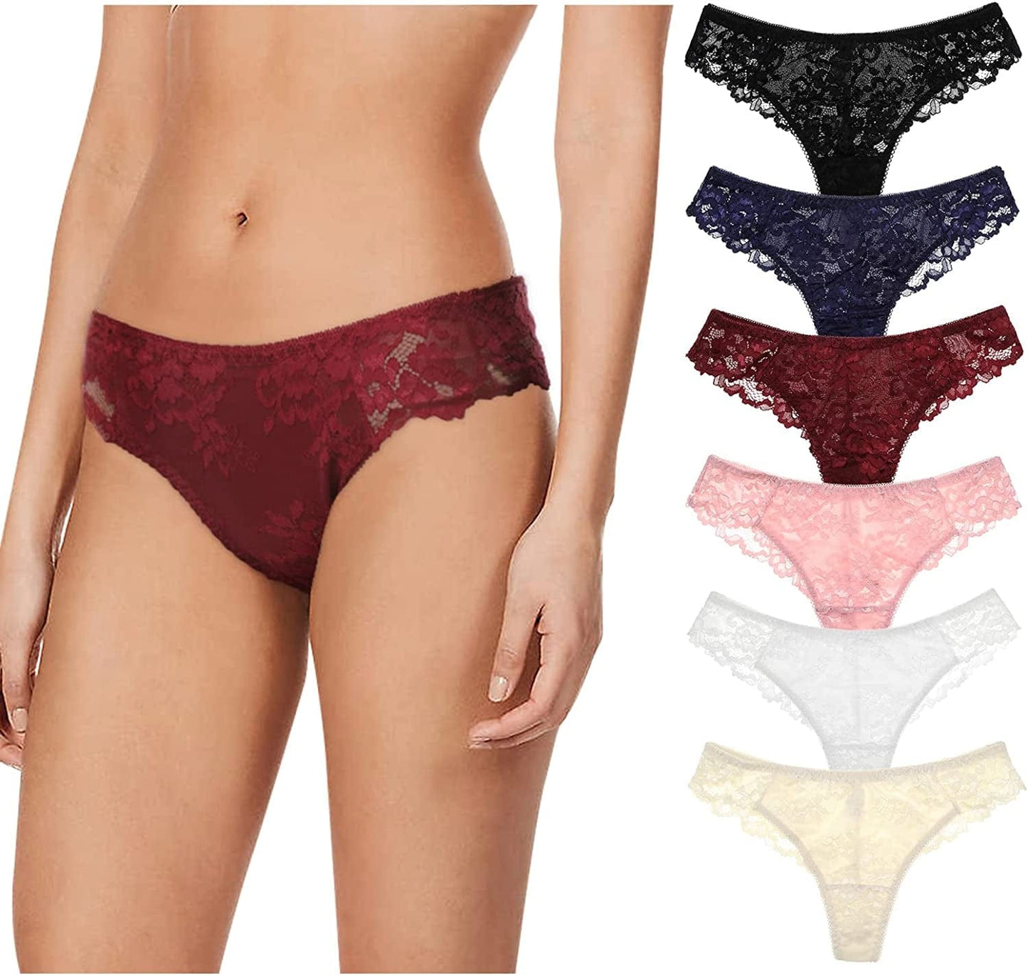 LEVAO Thongs for Women Lace Underwear Tangas Sexy Low Waist Panties Pack of 6 Multi Color / Medium
