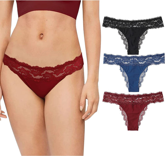 LEVAO Thongs for Women Lace Underwear Tangas Sexy Low Waist Panties Pack of 6 3 Pack-b(black/Blue/Red) / X-Large
