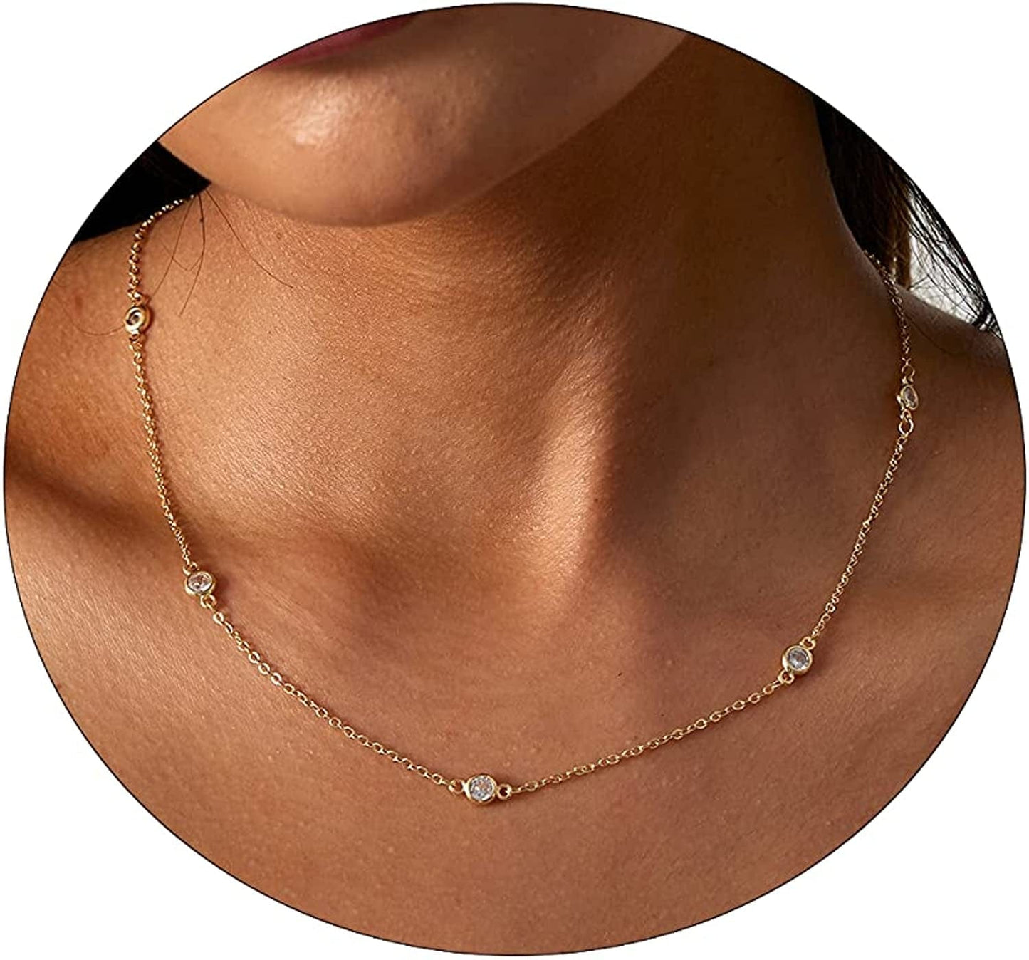 LEXODY Diamond Necklaces for Women Dainty Leaf Necklace 14K Gold Plated Layered CZ Moon Necklace Simple Diamond Choker Necklaces for Women Trendy Jewelry Gifts for Girls 16.5/2 Inch Gold