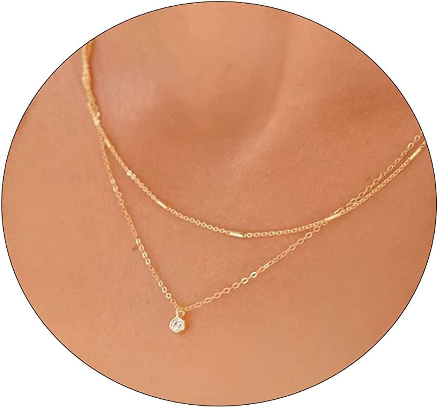 LEXODY Diamond Necklaces for Women Dainty Leaf Necklace 14K Gold Plated Layered CZ Moon Necklace Simple Diamond Choker Necklaces for Women Trendy Jewelry Gifts for Girls Layered Strip & CZ Gold
