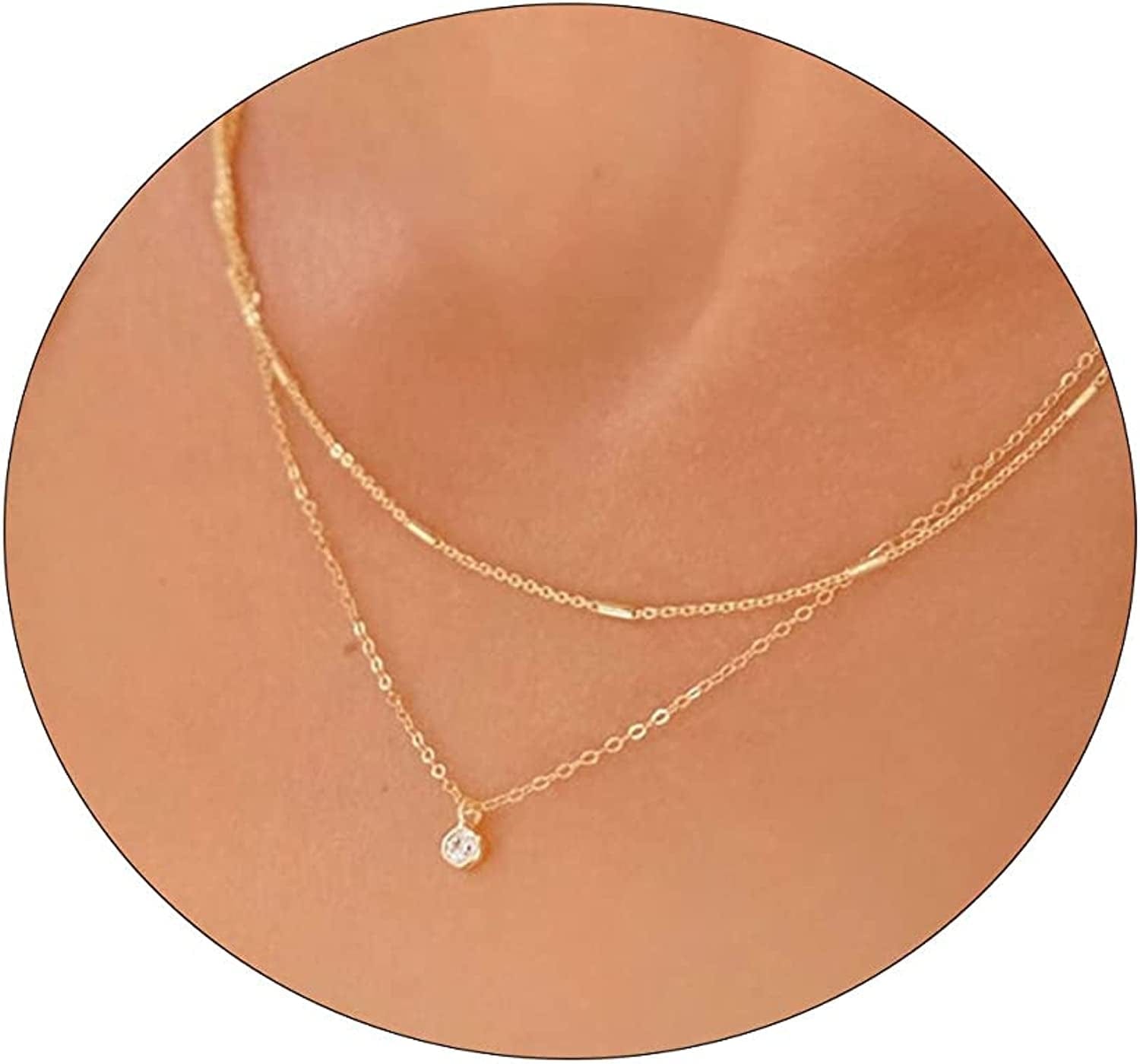 LEXODY Diamond Necklaces for Women Dainty Leaf Necklace 14K Gold Plated Layered CZ Moon Necklace Simple Diamond Choker Necklaces for Women Trendy Jewelry Gifts for Girls Layered Strip & CZ Gold