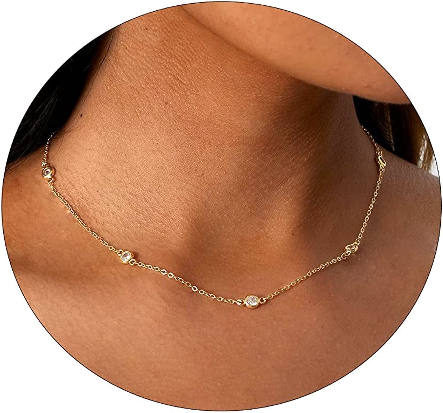 LEXODY Diamond Necklaces for Women Dainty Leaf Necklace 14K Gold Plated Layered CZ Moon Necklace Simple Diamond Choker Necklaces for Women Trendy Jewelry Gifts for Girls 15/2 Inch Gold