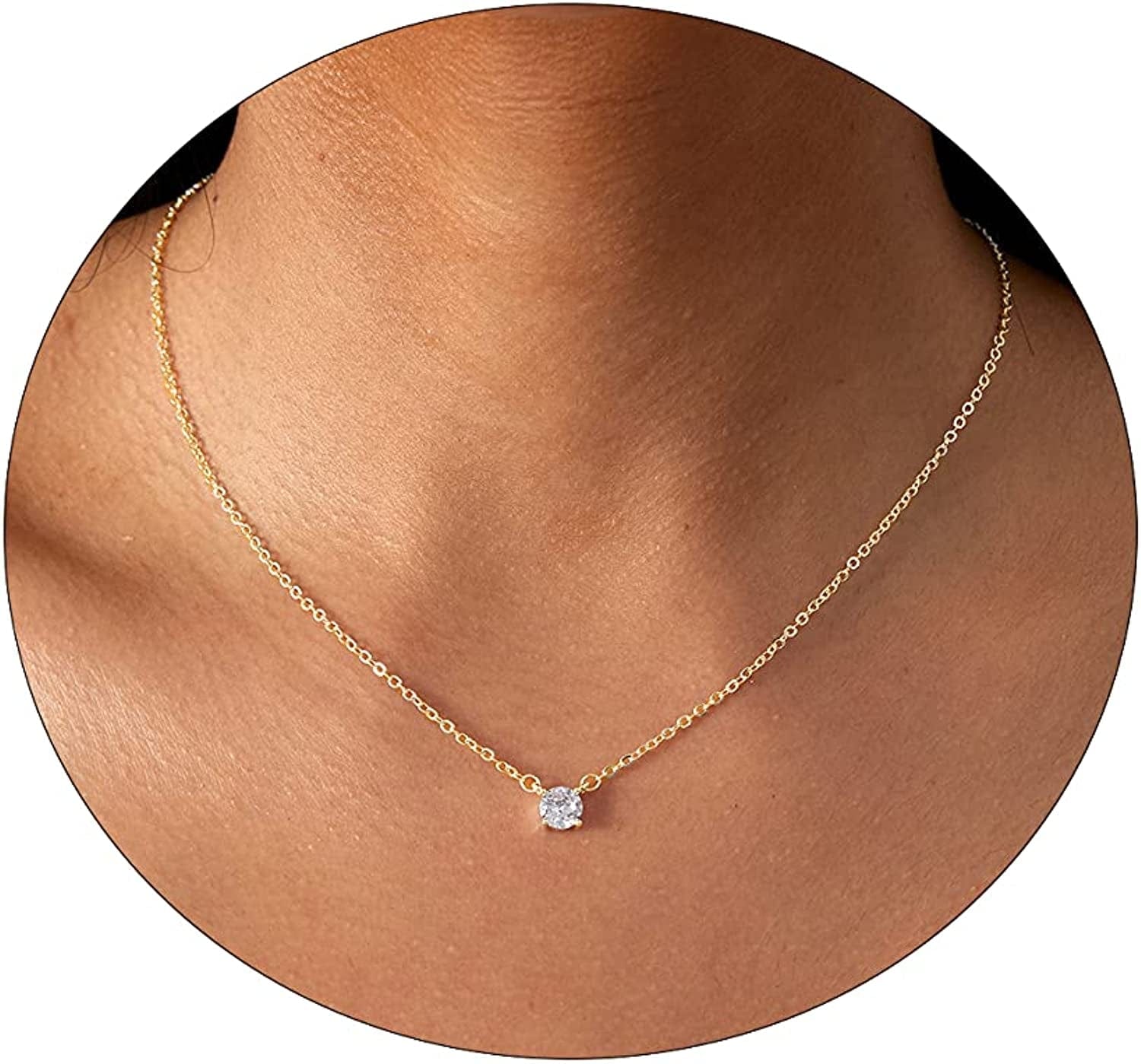 LEXODY Diamond Necklaces for Women Dainty Leaf Necklace 14K Gold Plated Layered CZ Moon Necklace Simple Diamond Choker Necklaces for Women Trendy Jewelry Gifts for Girls 16.5/2 Inch Gold CZ