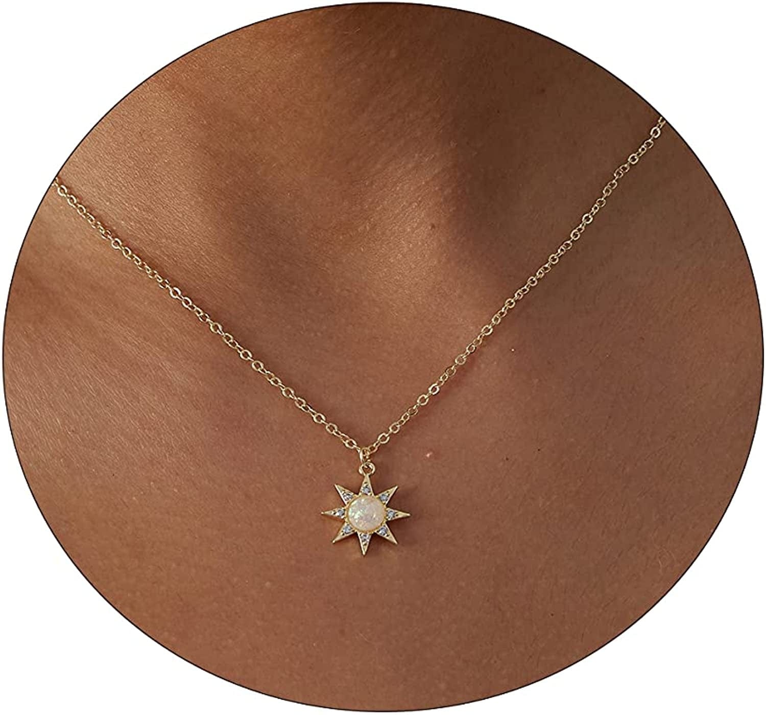 LEXODY Diamond Necklaces for Women Dainty Leaf Necklace 14K Gold Plated Layered CZ Moon Necklace Simple Diamond Choker Necklaces for Women Trendy Jewelry Gifts for Girls Simple Sun Gold