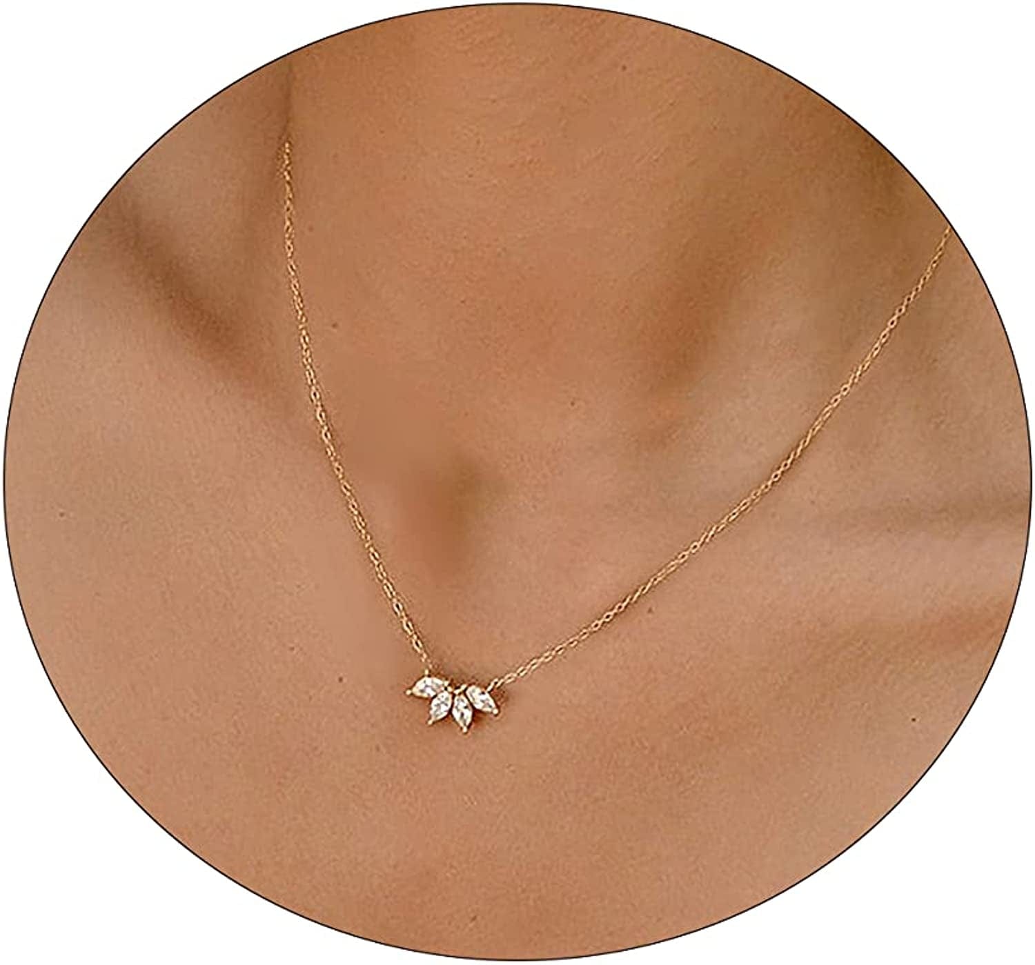 LEXODY Diamond Necklaces for Women Dainty Leaf Necklace 14K Gold Plated Layered CZ Moon Necklace Simple Diamond Choker Necklaces for Women Trendy Jewelry Gifts for Girls Simple Flower Gold