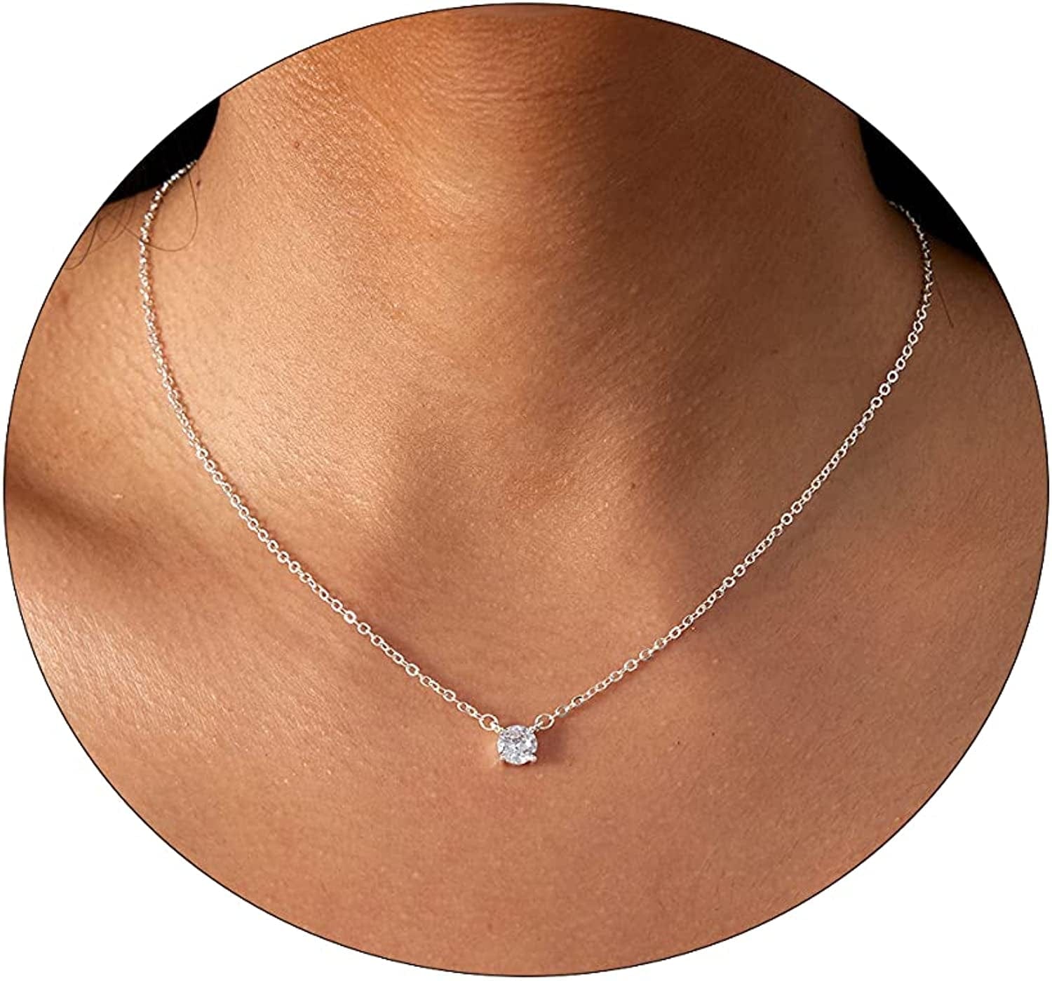LEXODY Diamond Necklaces for Women Dainty Leaf Necklace 14K Gold Plated Layered CZ Moon Necklace Simple Diamond Choker Necklaces for Women Trendy Jewelry Gifts for Girls 16.5/2 Inch Silver CZ