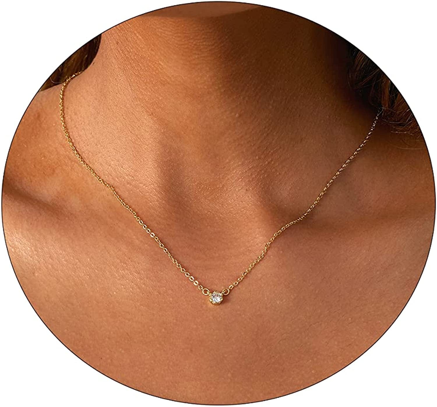 LEXODY Diamond Necklaces for Women Dainty Leaf Necklace 14K Gold Plated Layered CZ Moon Necklace Simple Diamond Choker Necklaces for Women Trendy Jewelry Gifts for Girls Little Flower Gold