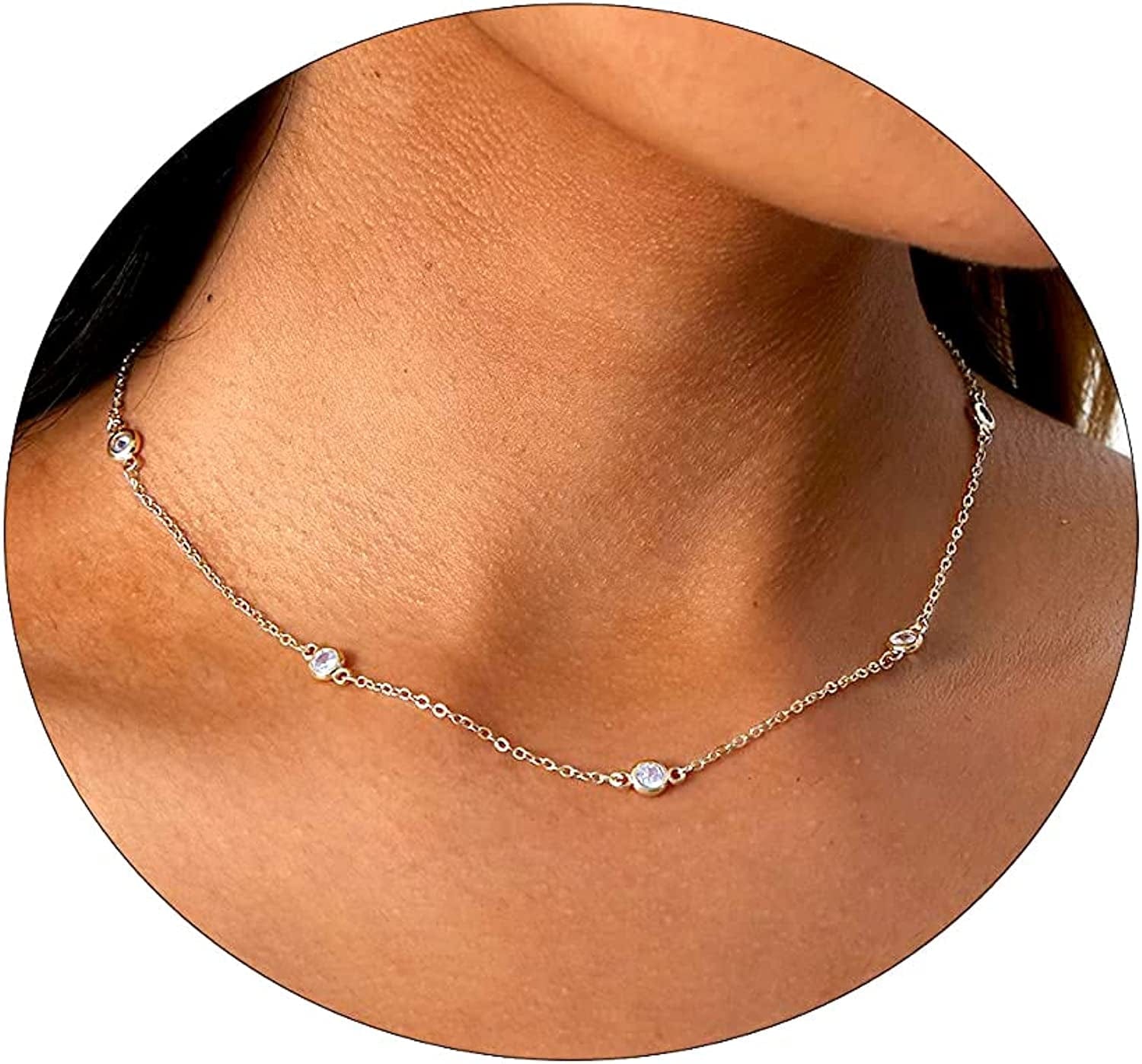 LEXODY Diamond Necklaces for Women Dainty Leaf Necklace 14K Gold Plated Layered CZ Moon Necklace Simple Diamond Choker Necklaces for Women Trendy Jewelry Gifts for Girls 15/2 Inch Silver