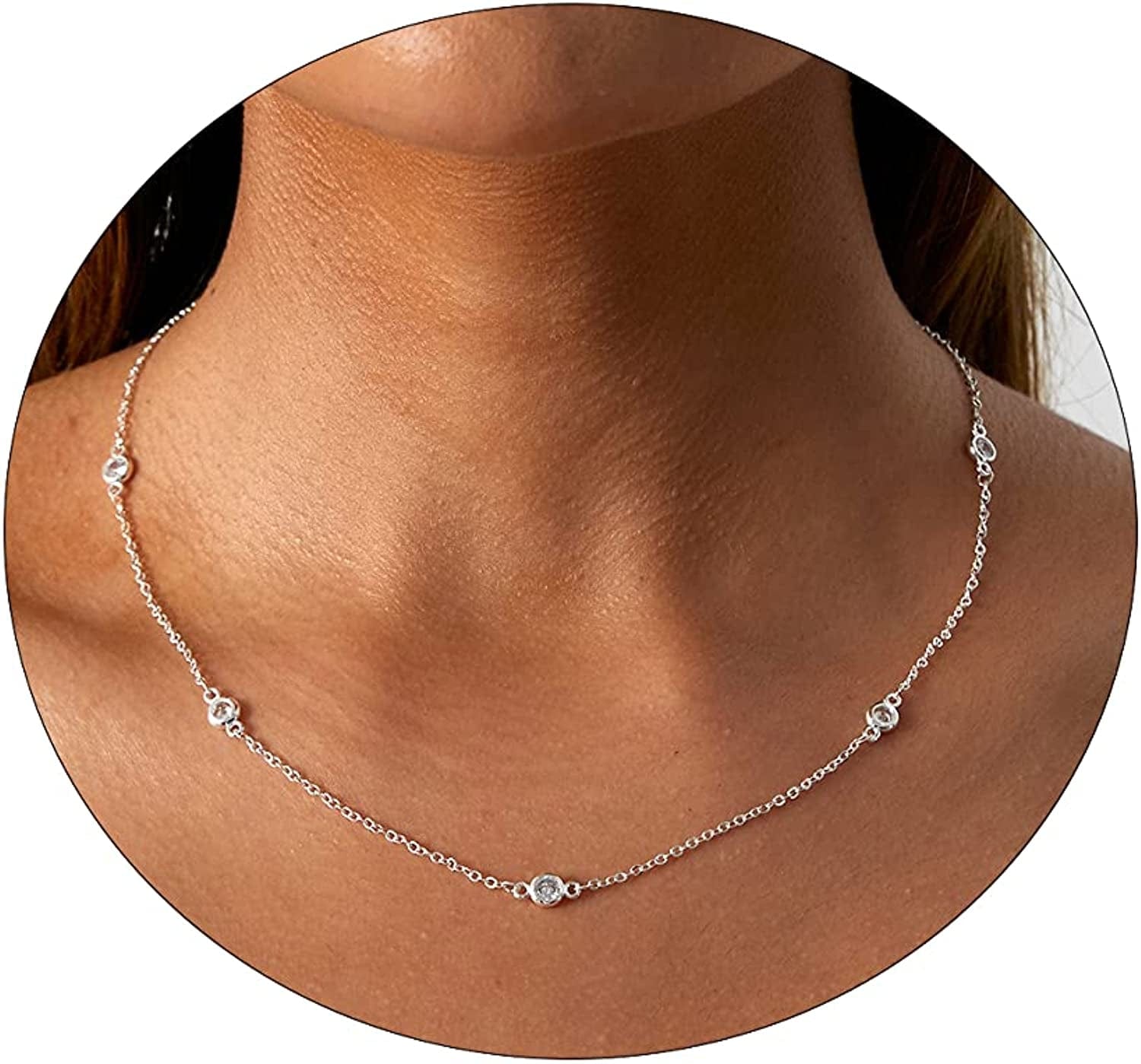 LEXODY Diamond Necklaces for Women Dainty Leaf Necklace 14K Gold Plated Layered CZ Moon Necklace Simple Diamond Choker Necklaces for Women Trendy Jewelry Gifts for Girls 16.5/2 Inch Silver