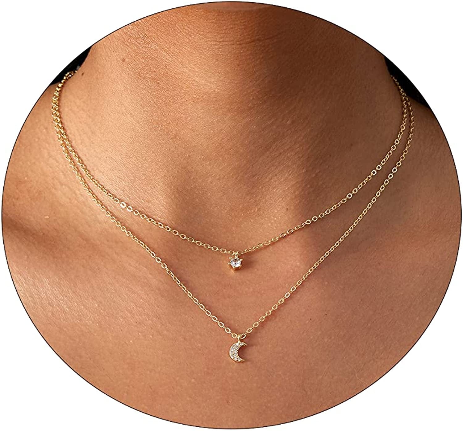 LEXODY Diamond Necklaces for Women Dainty Leaf Necklace 14K Gold Plated Layered CZ Moon Necklace Simple Diamond Choker Necklaces for Women Trendy Jewelry Gifts for Girls Gold Layered CZ Moon