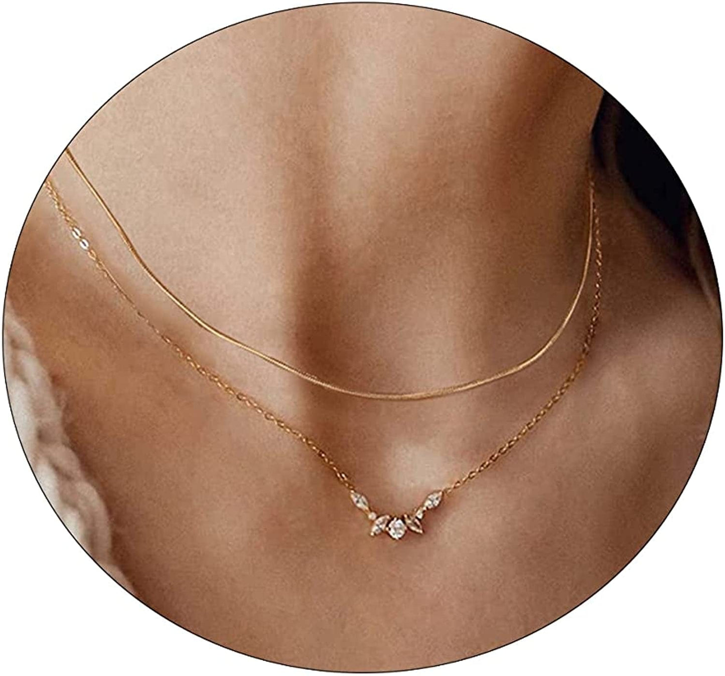 LEXODY Diamond Necklaces for Women Dainty Leaf Necklace 14K Gold Plated Layered CZ Moon Necklace Simple Diamond Choker Necklaces for Women Trendy Jewelry Gifts for Girls Layered Elk CZ