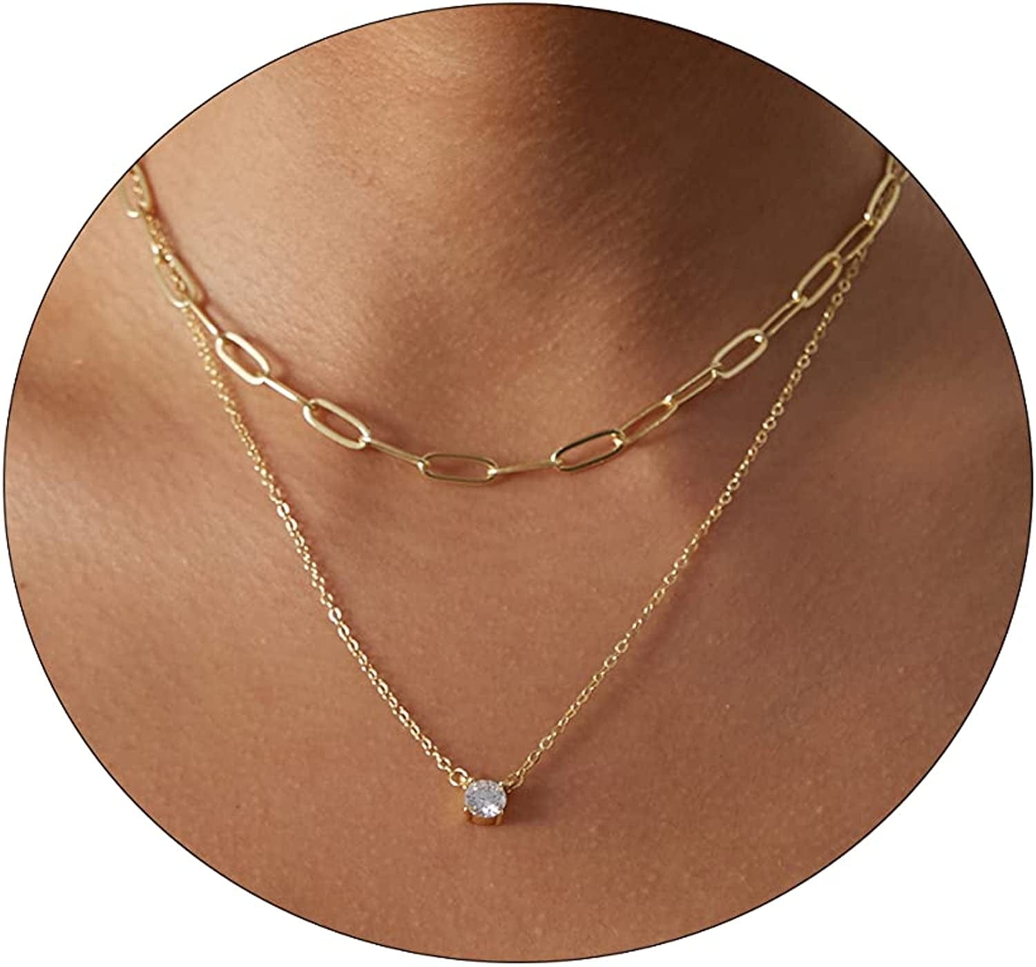 LEXODY Diamond Necklaces for Women Dainty Leaf Necklace 14K Gold Plated Layered CZ Moon Necklace Simple Diamond Choker Necklaces for Women Trendy Jewelry Gifts for Girls Layered paperclip Square Gold