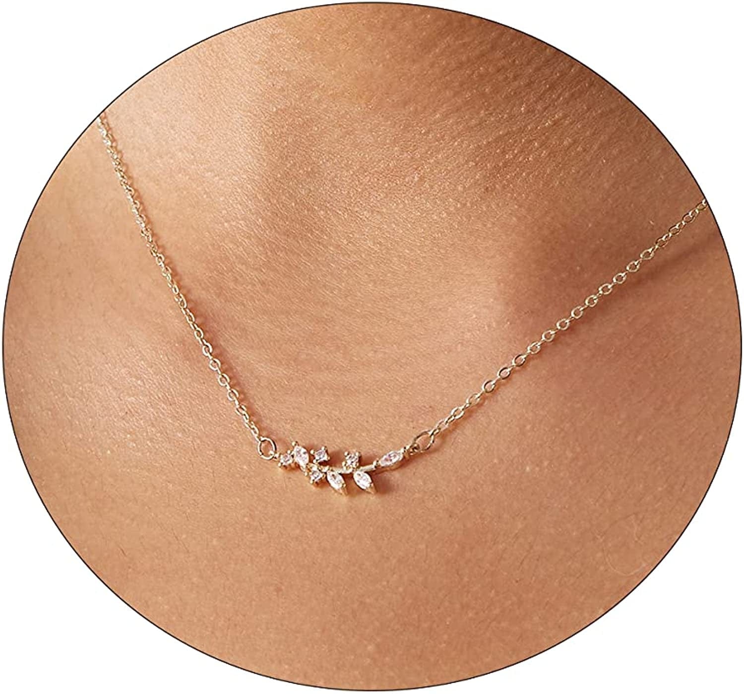 LEXODY Diamond Necklaces for Women Dainty Leaf Necklace 14K Gold Plated Layered CZ Moon Necklace Simple Diamond Choker Necklaces for Women Trendy Jewelry Gifts for Girls Silver Leaf Pendant