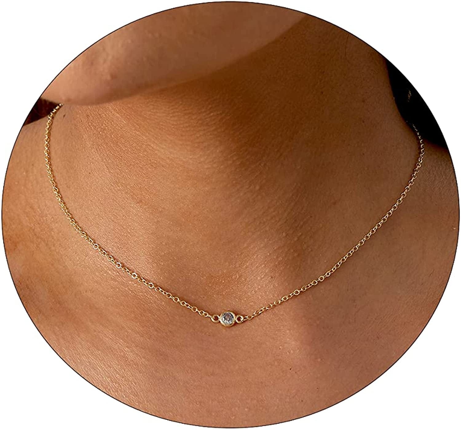 LEXODY Diamond Necklaces for Women Dainty Leaf Necklace 14K Gold Plated Layered CZ Moon Necklace Simple Diamond Choker Necklaces for Women Trendy Jewelry Gifts for Girls Gold Tiny CZ