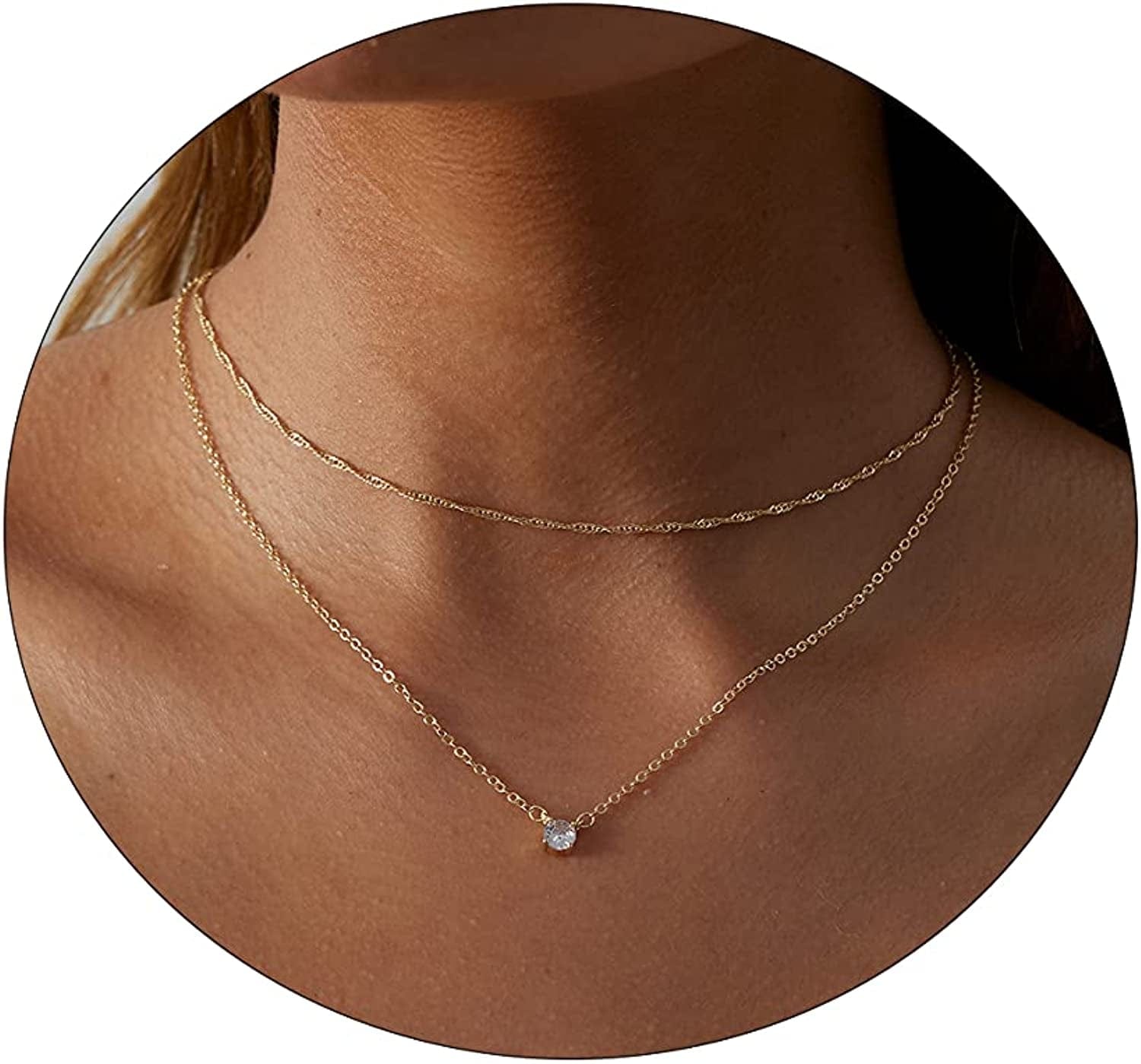 LEXODY Diamond Necklaces for Women Dainty Leaf Necklace 14K Gold Plated Layered CZ Moon Necklace Simple Diamond Choker Necklaces for Women Trendy Jewelry Gifts for Girls Gold Layered CZ Rope