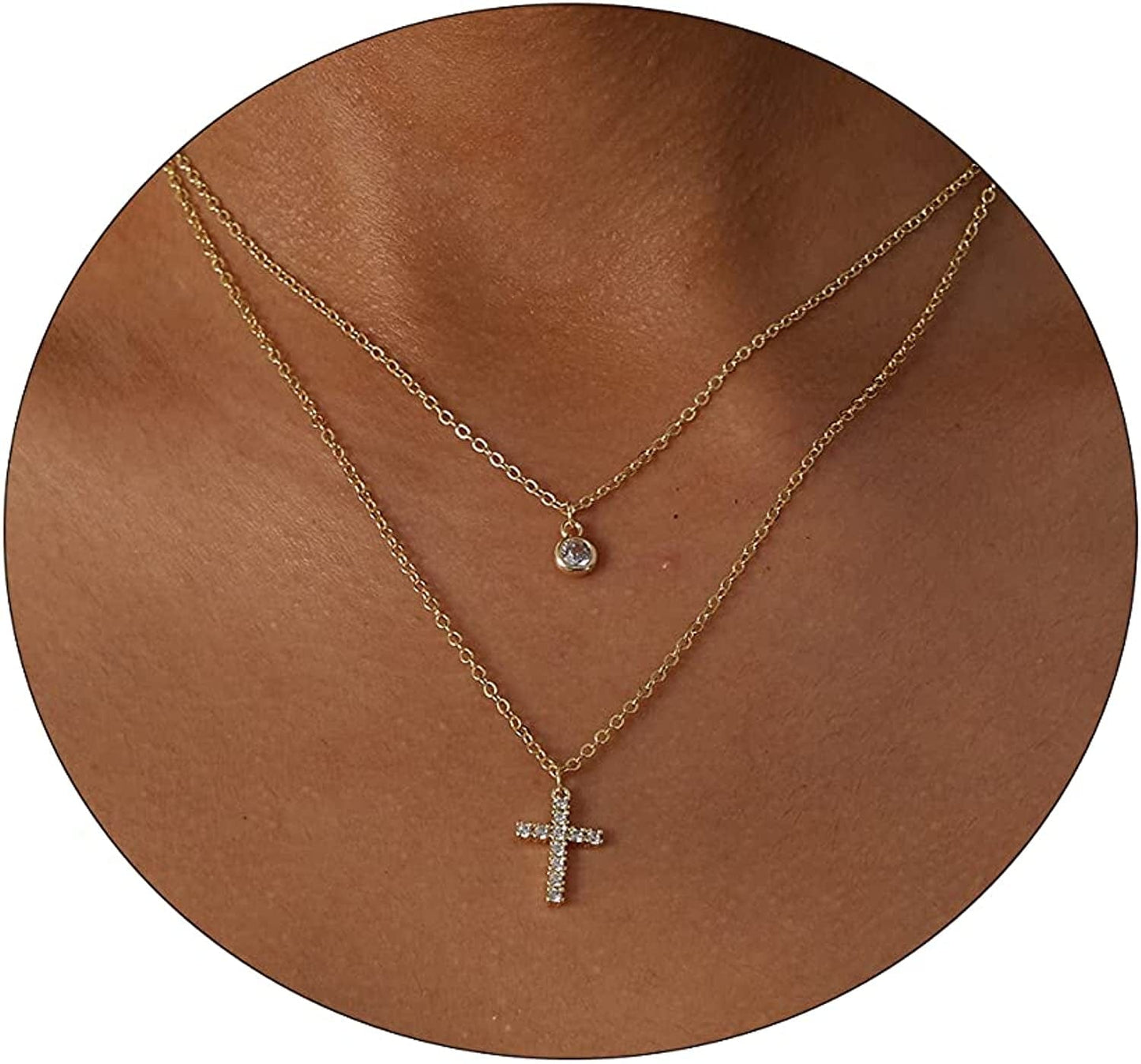 LEXODY Diamond Necklaces for Women Dainty Leaf Necklace 14K Gold Plated Layered CZ Moon Necklace Simple Diamond Choker Necklaces for Women Trendy Jewelry Gifts for Girls Layered CZ Cross Gold